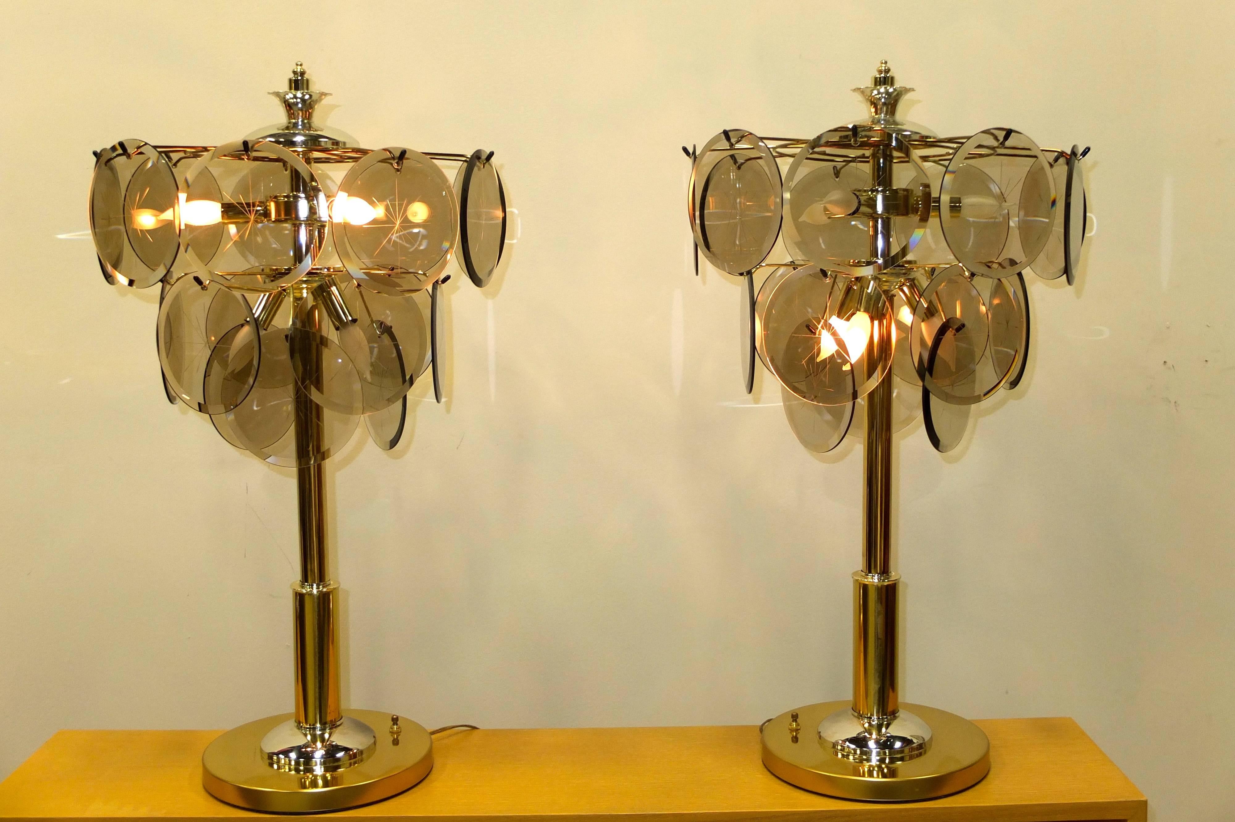 American Pair of Brass, Chrome and Smoked Glass Lamps After Vistosi For Sale