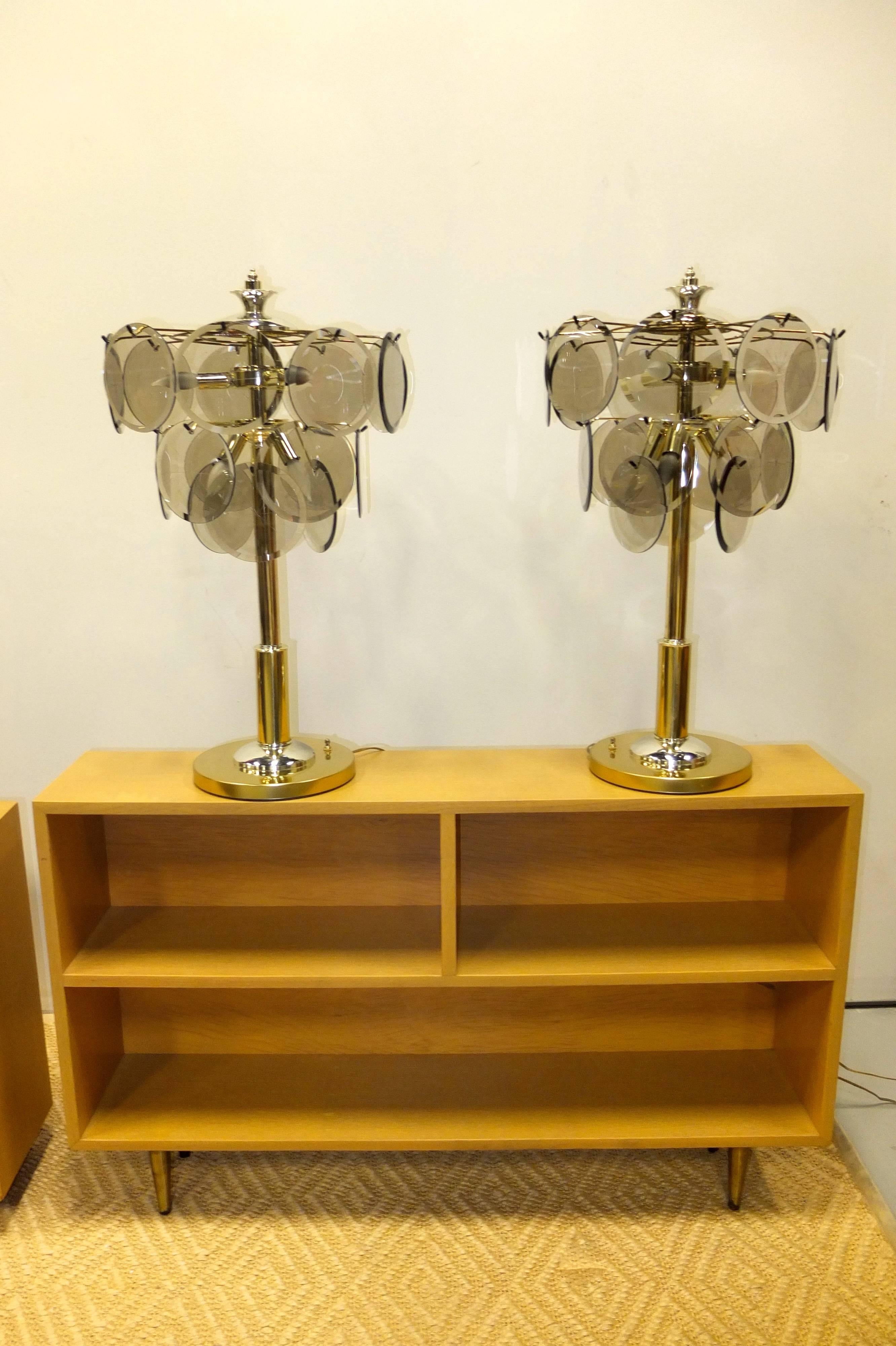 Pair of Brass, Chrome and Smoked Glass Lamps After Vistosi For Sale 4