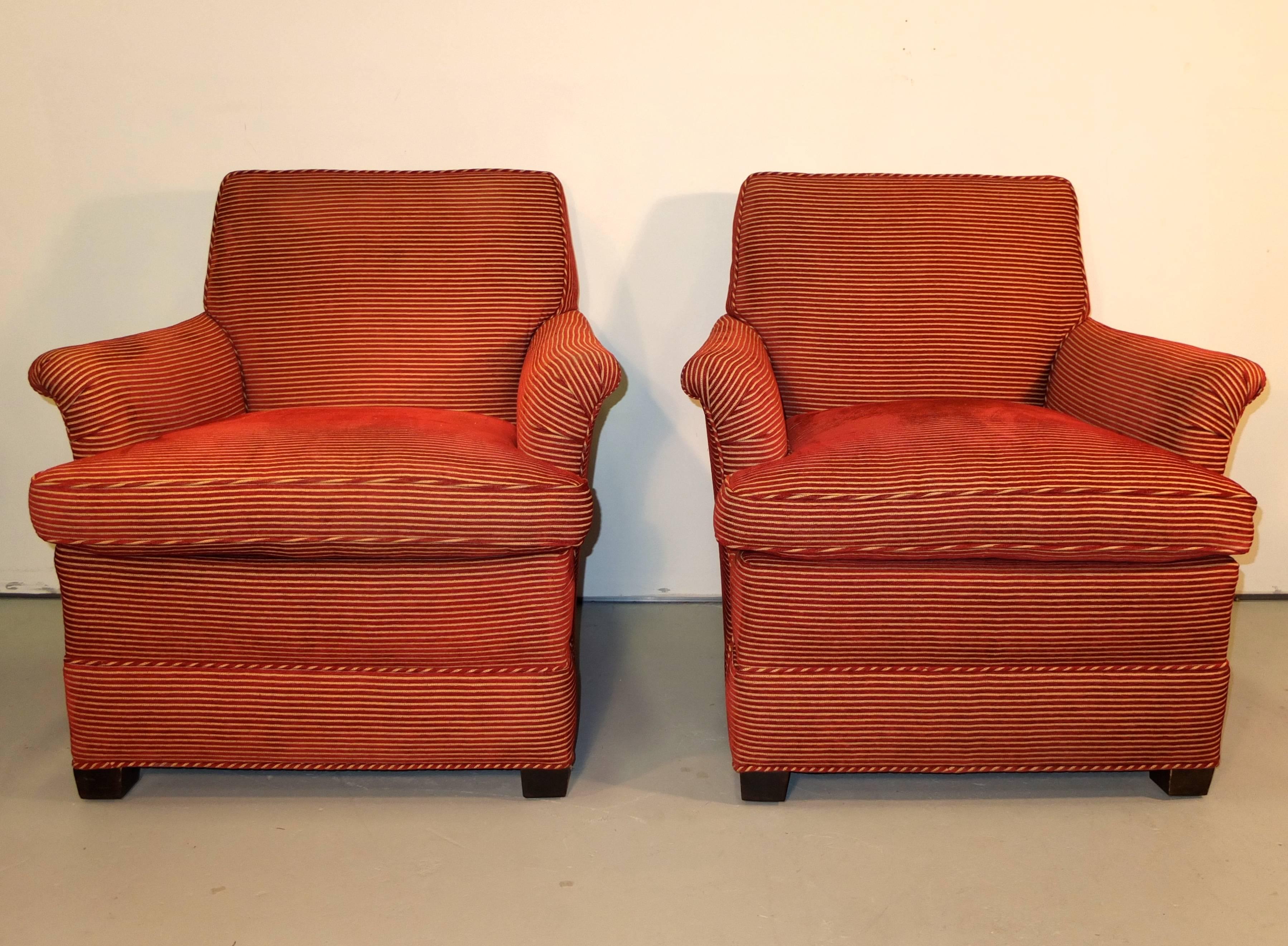 American Classical Pair of Upholstered Lounge Chairs