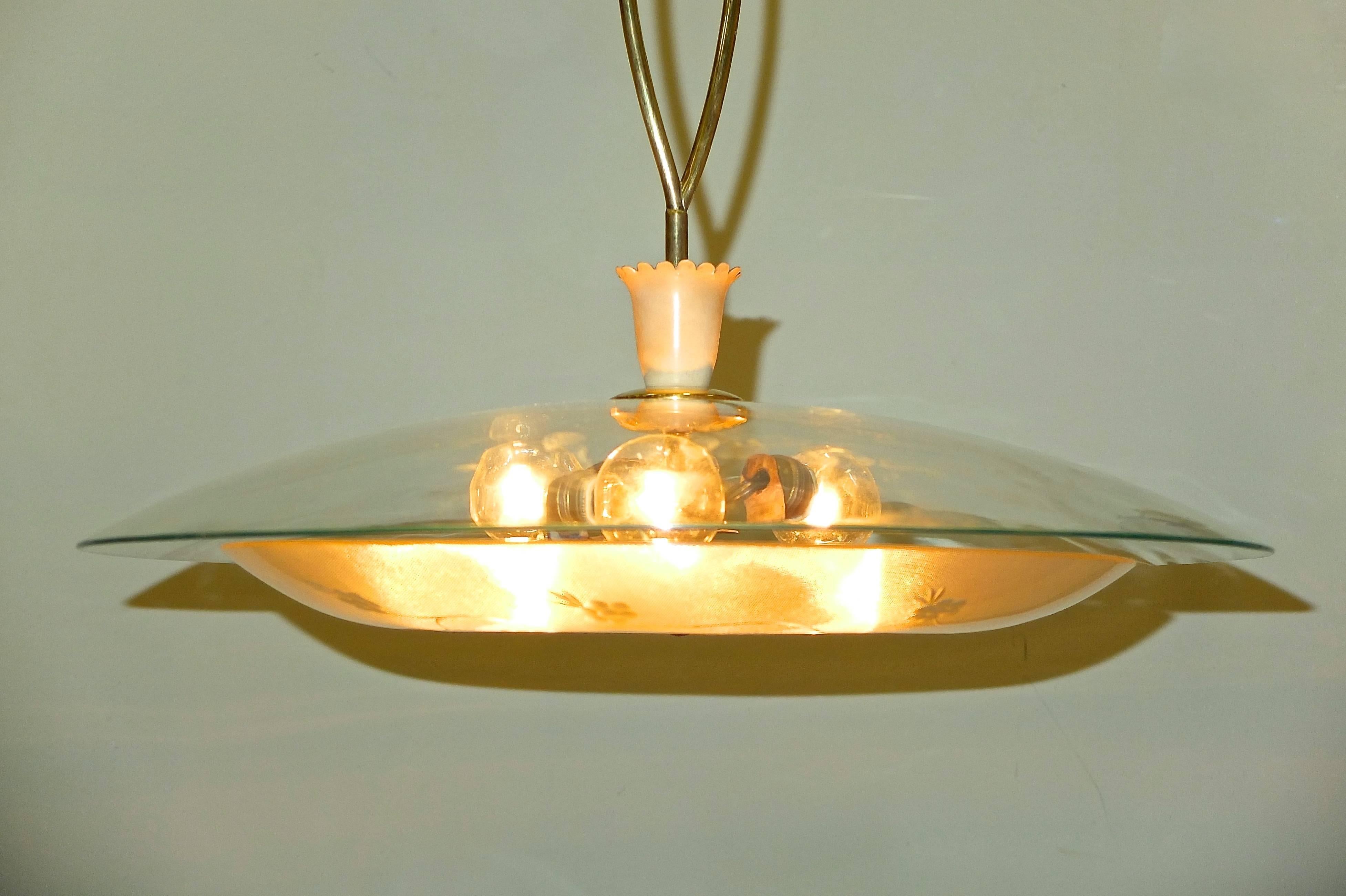 1950s Italian Glass UFO Pendant with Twisted Brass Stem For Sale 1