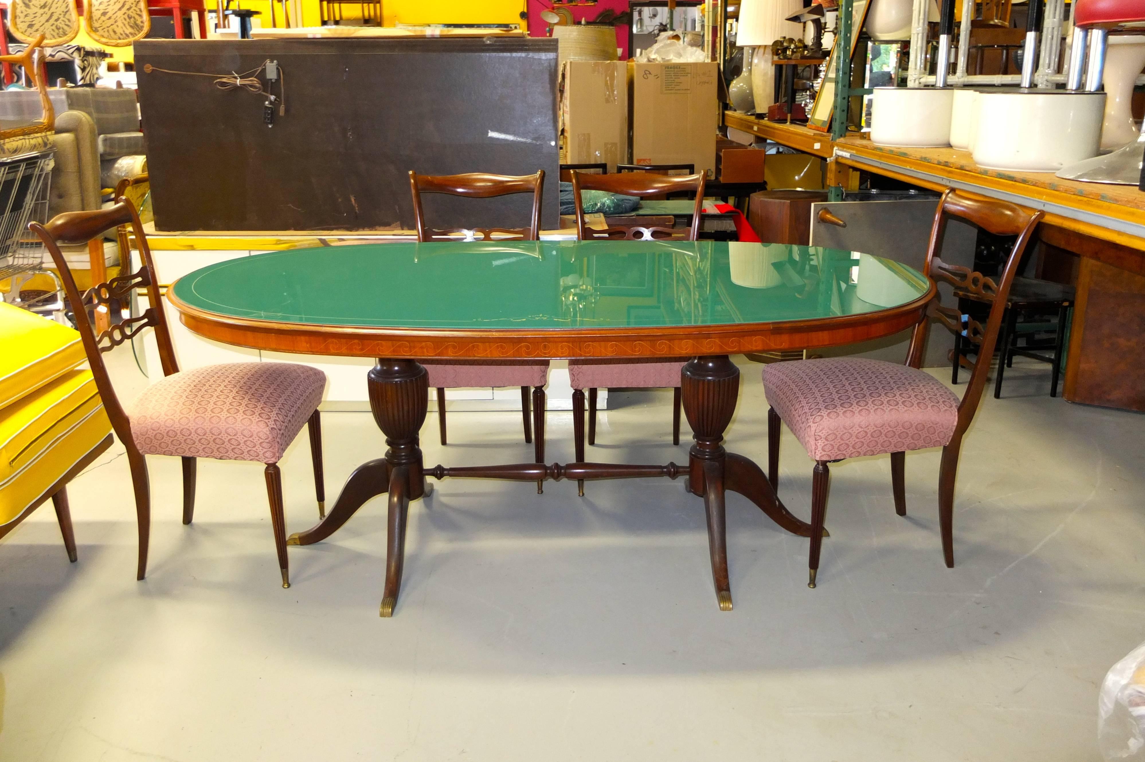 Brass 1950s Italian Oval Rosewood Dining Table with Green Glass Top For Sale