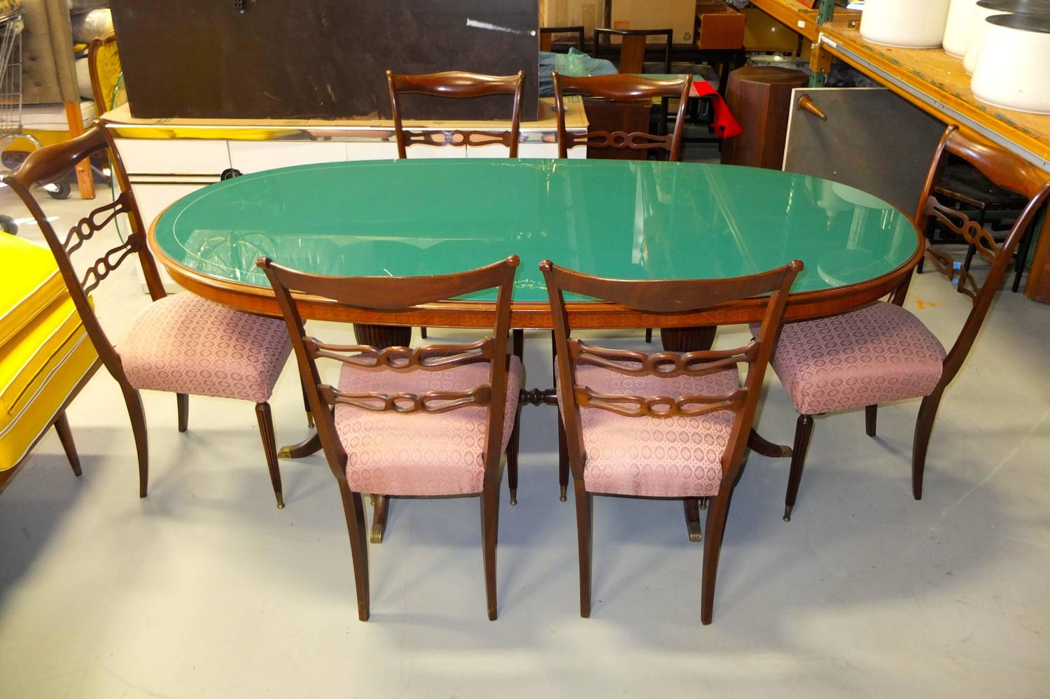 1950s Italian Oval Rosewood Dining Table with Green Glass ...