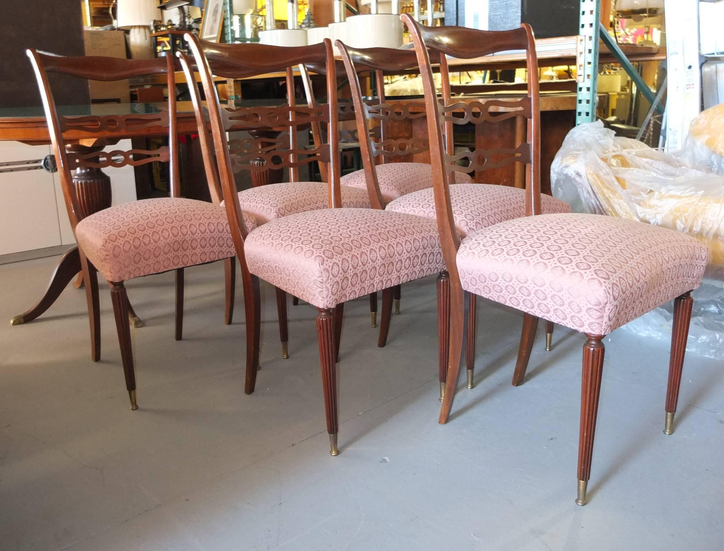 Walnut Set of Six 1950's Italian Dining Chairs For Sale