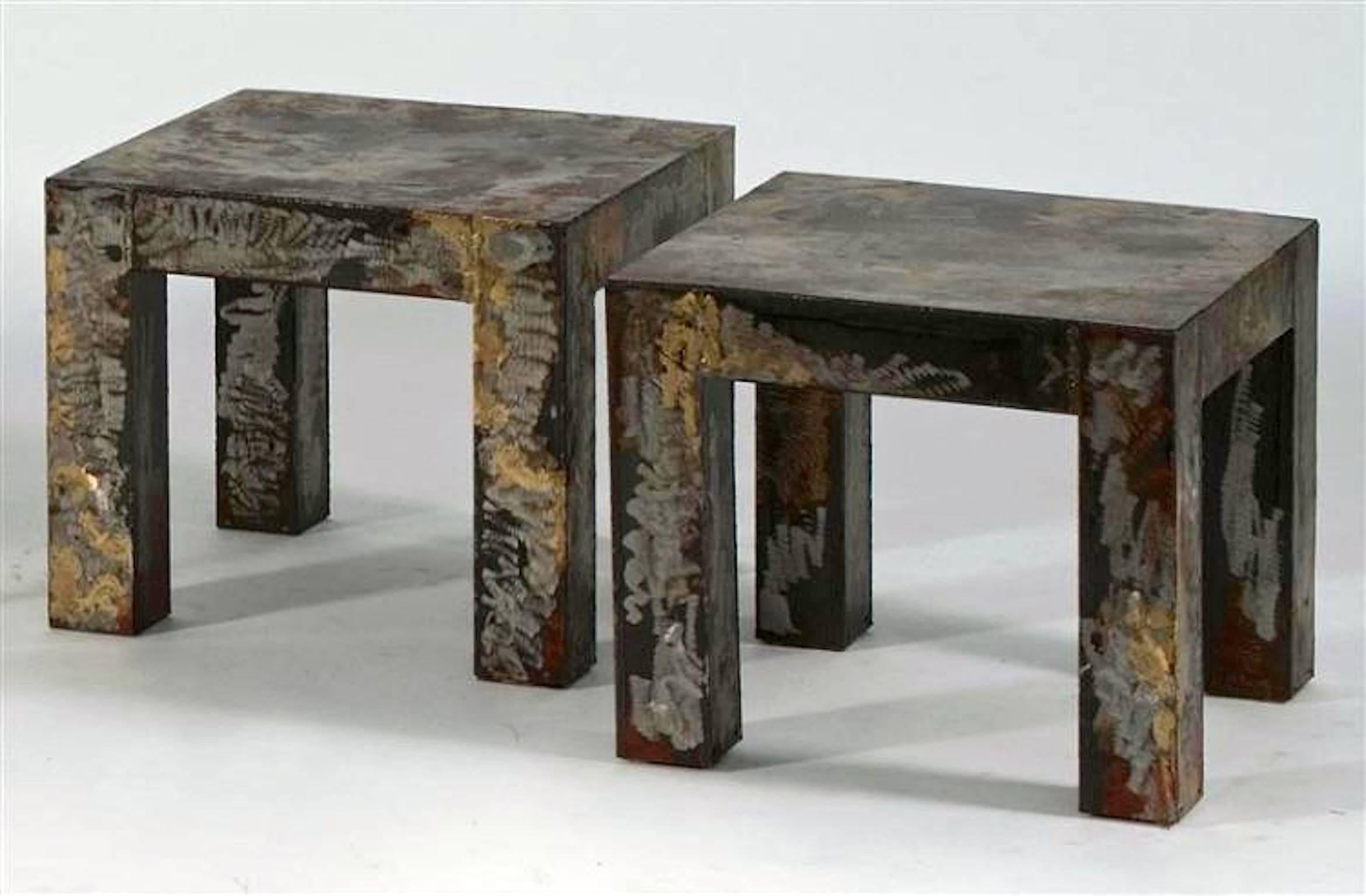 Pair of Parsons form square side tables in the stile of Paul Evans in coarsely patinated metal. Unsigned.