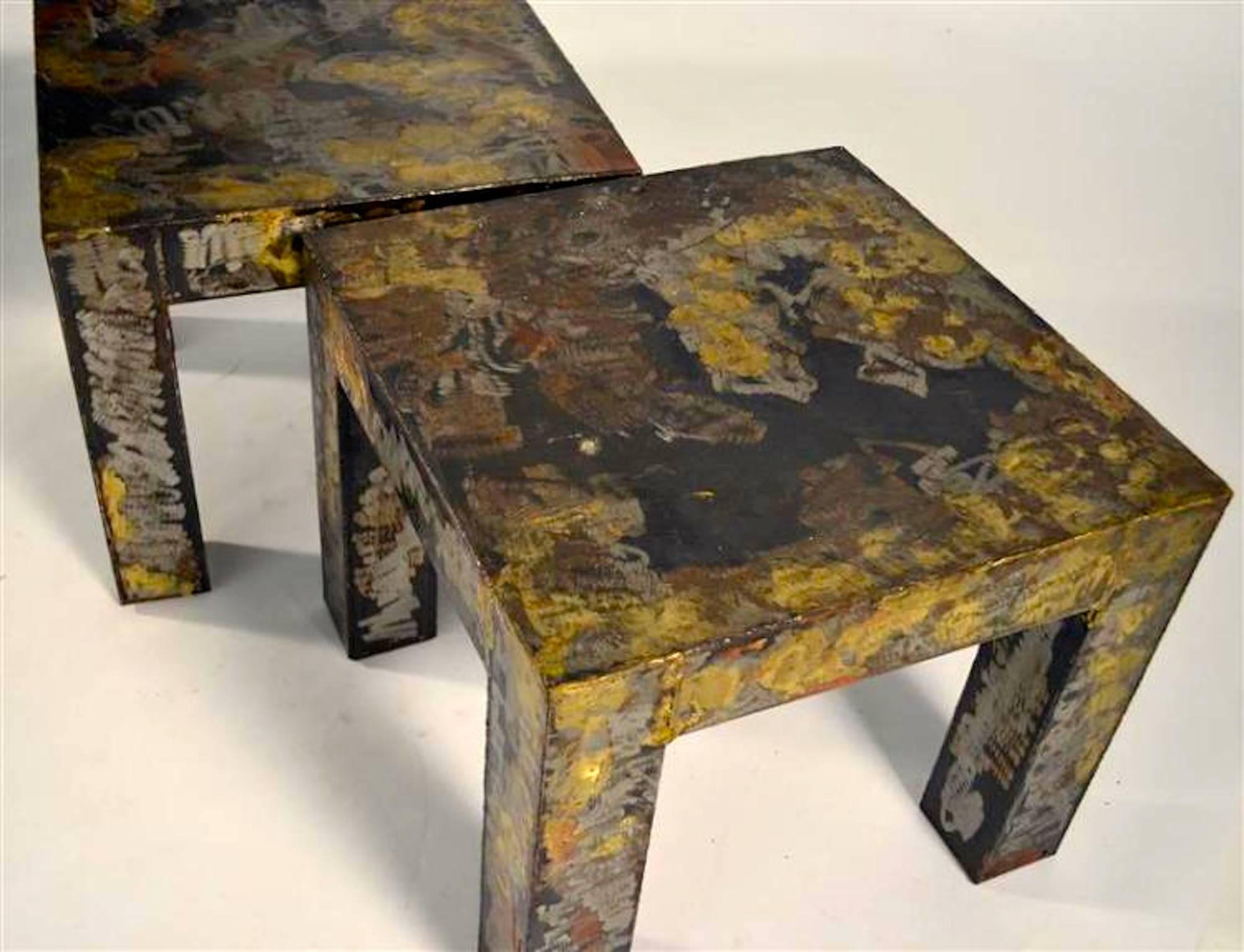 American Pair of Brutalist Style Patinated Metal Side Tables