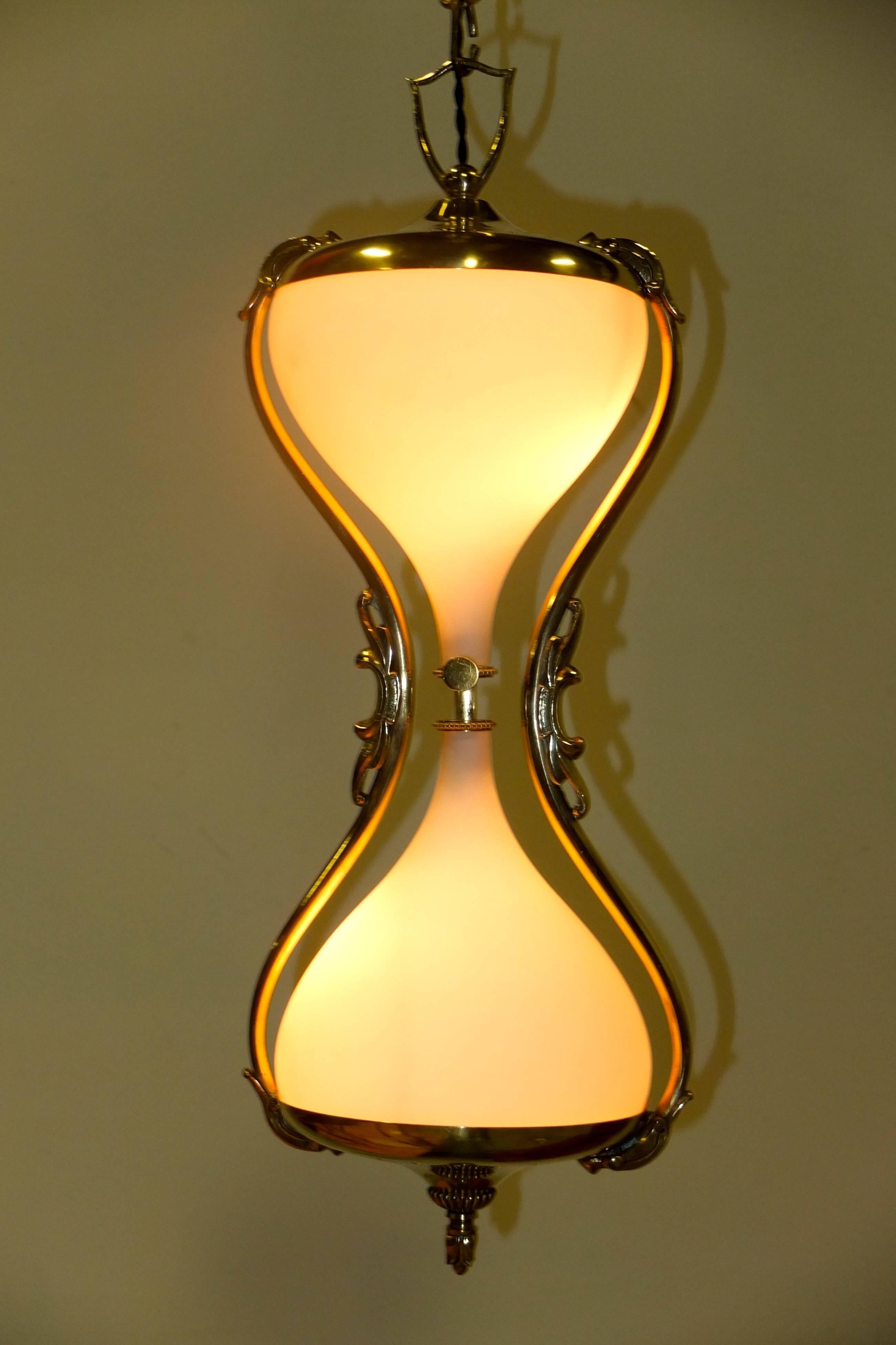 1960s Italian Brass and Opaline Hour Glass Pendant 2
