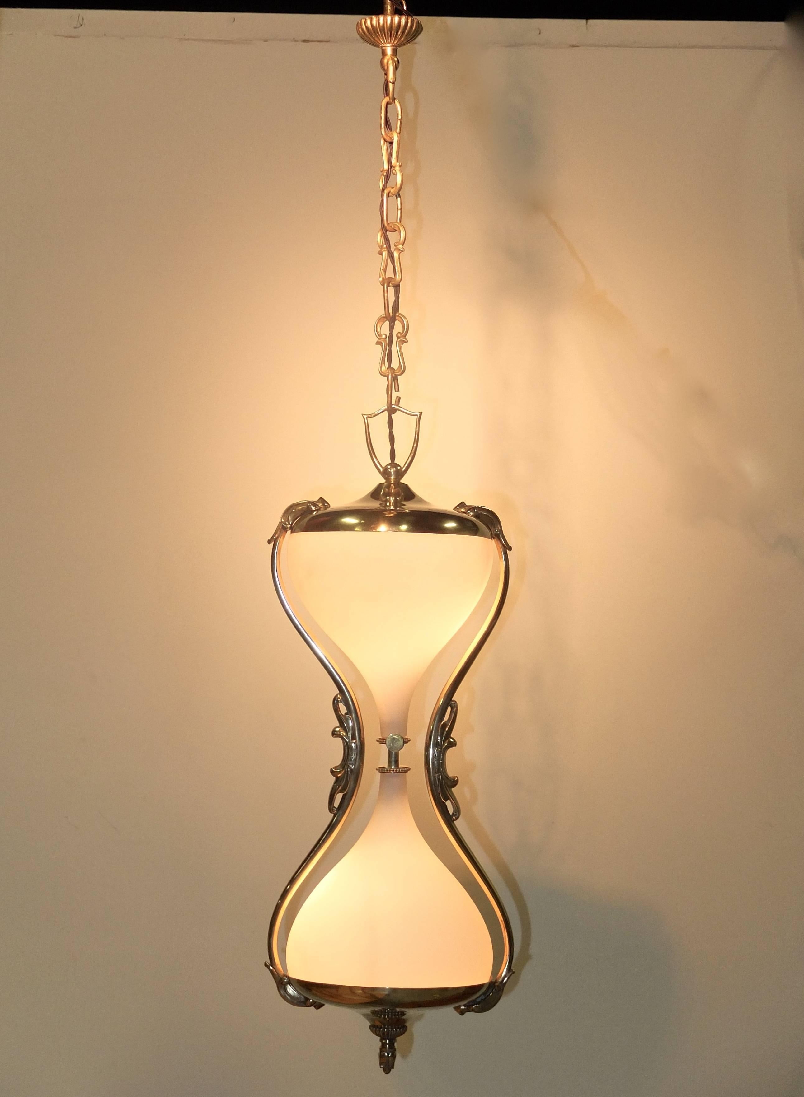Mid-Century Modern 1960s Italian Brass and Opaline Hour Glass Pendant