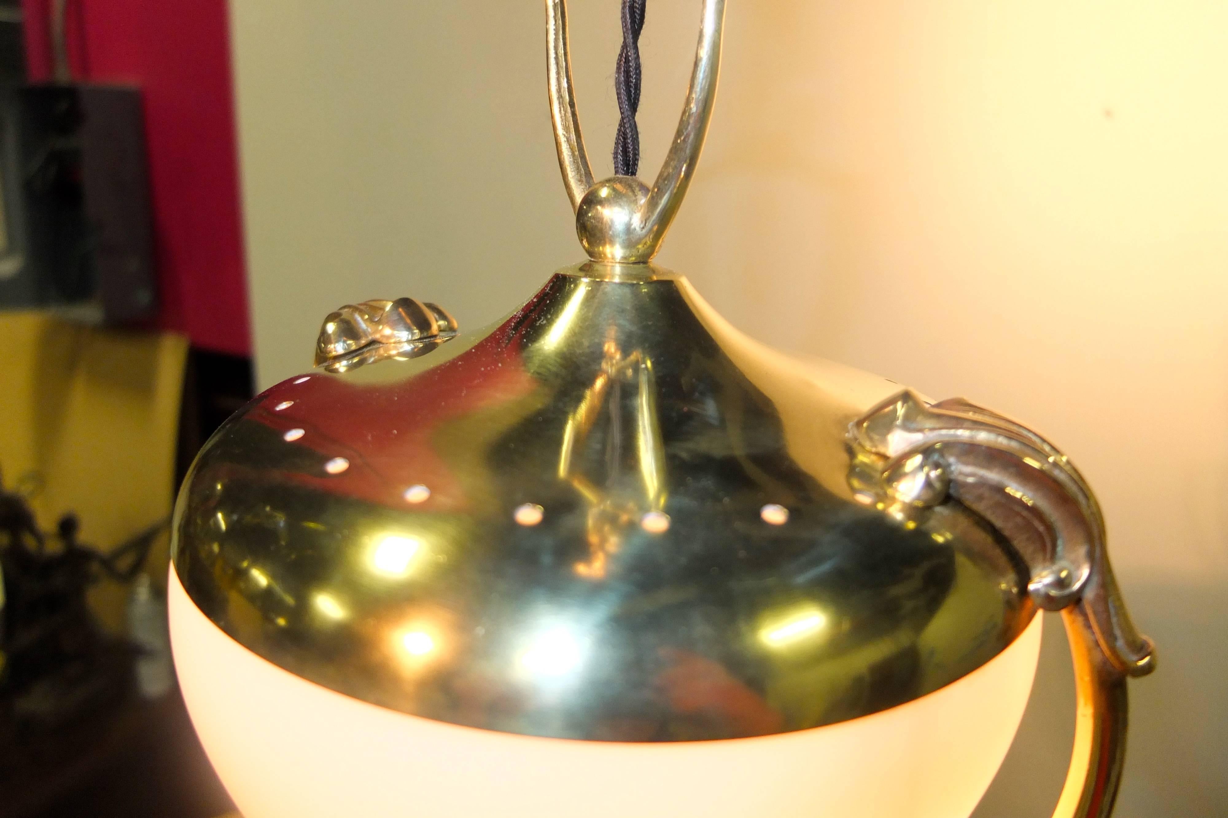 1960s Italian Brass and Opaline Hour Glass Pendant 1