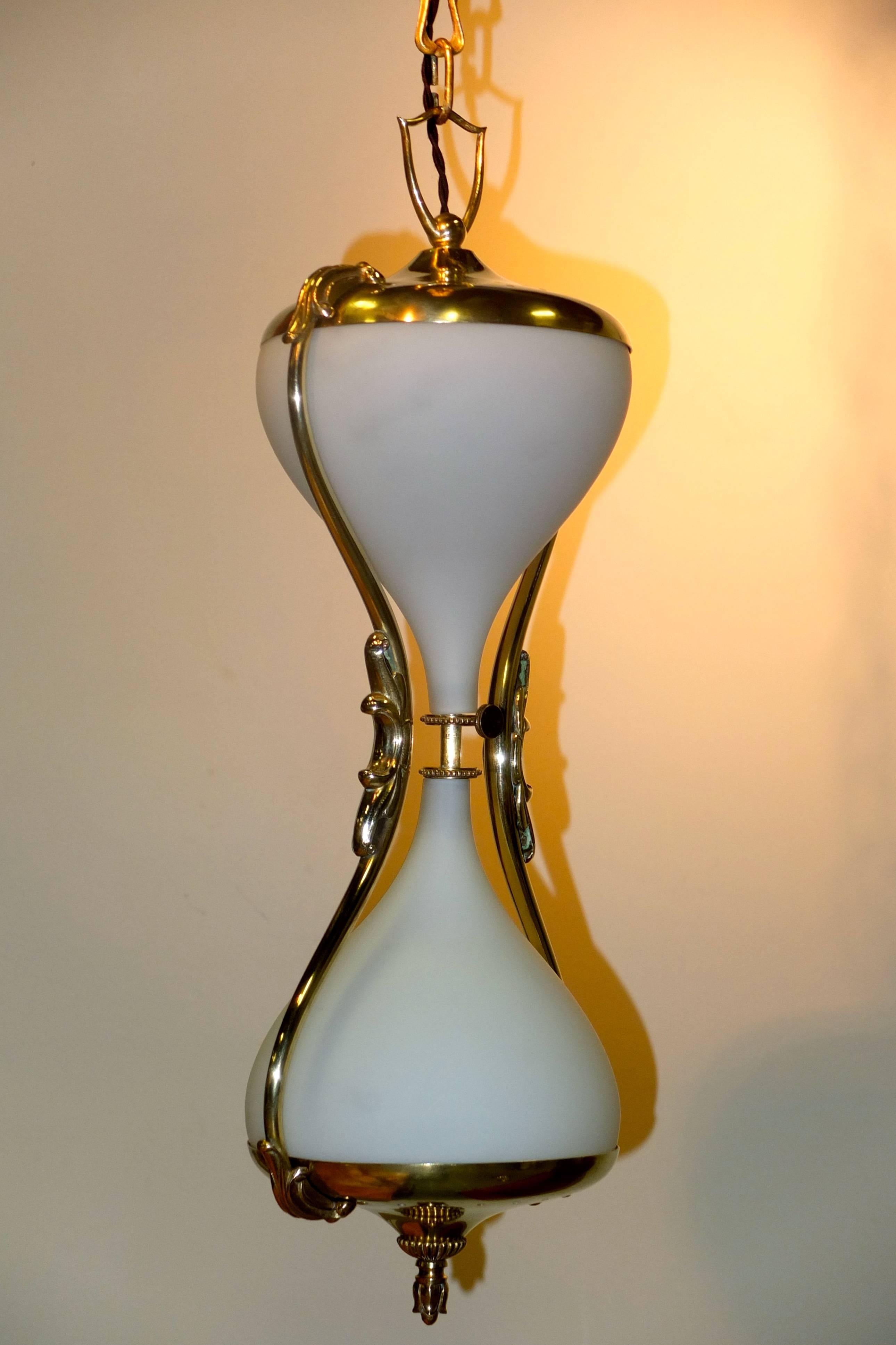 1960s Italian Brass and Opaline Hour Glass Pendant 4