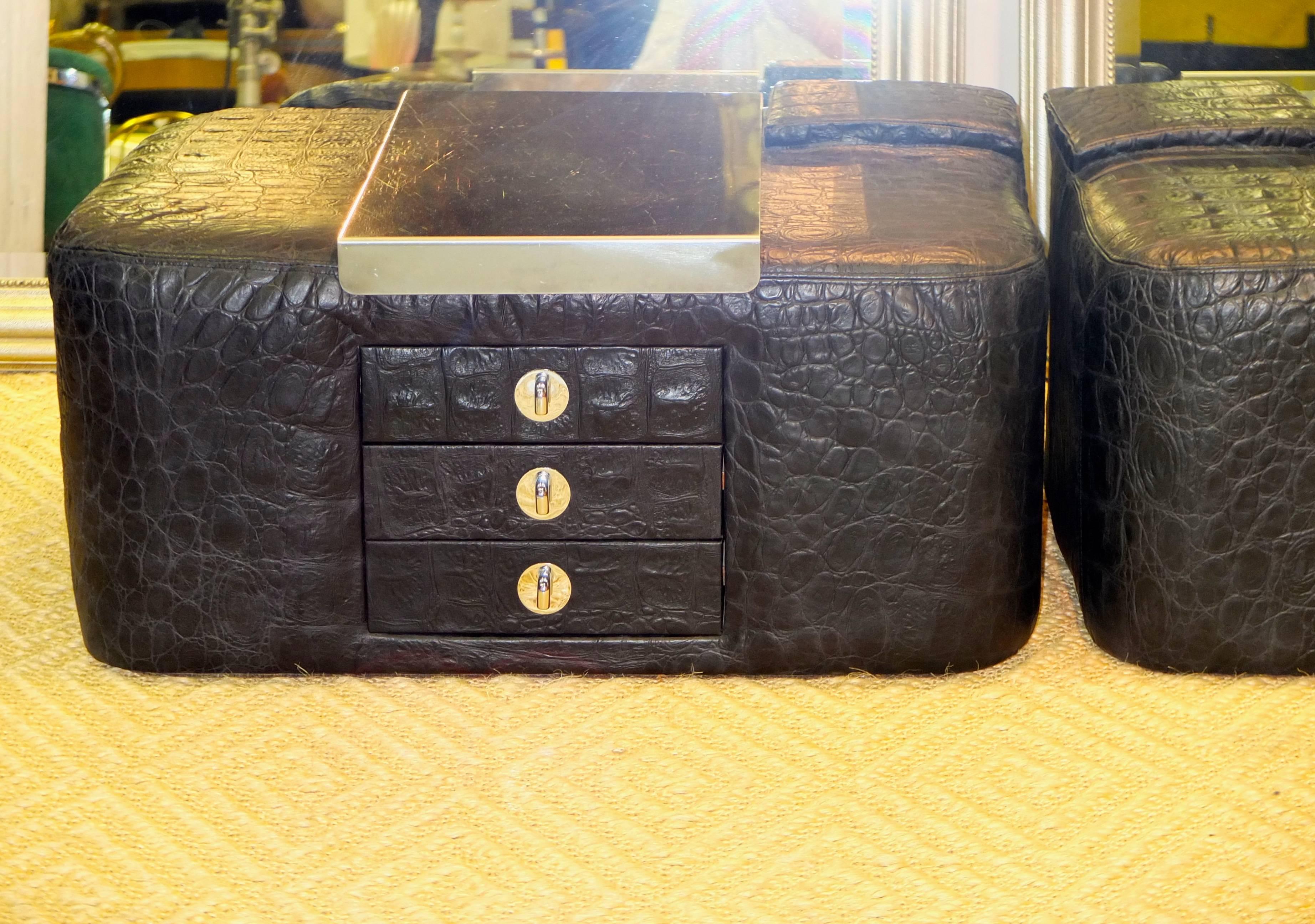 Chrome Pair of 1970s Leather & Stainless Steel Bedside Cabinets