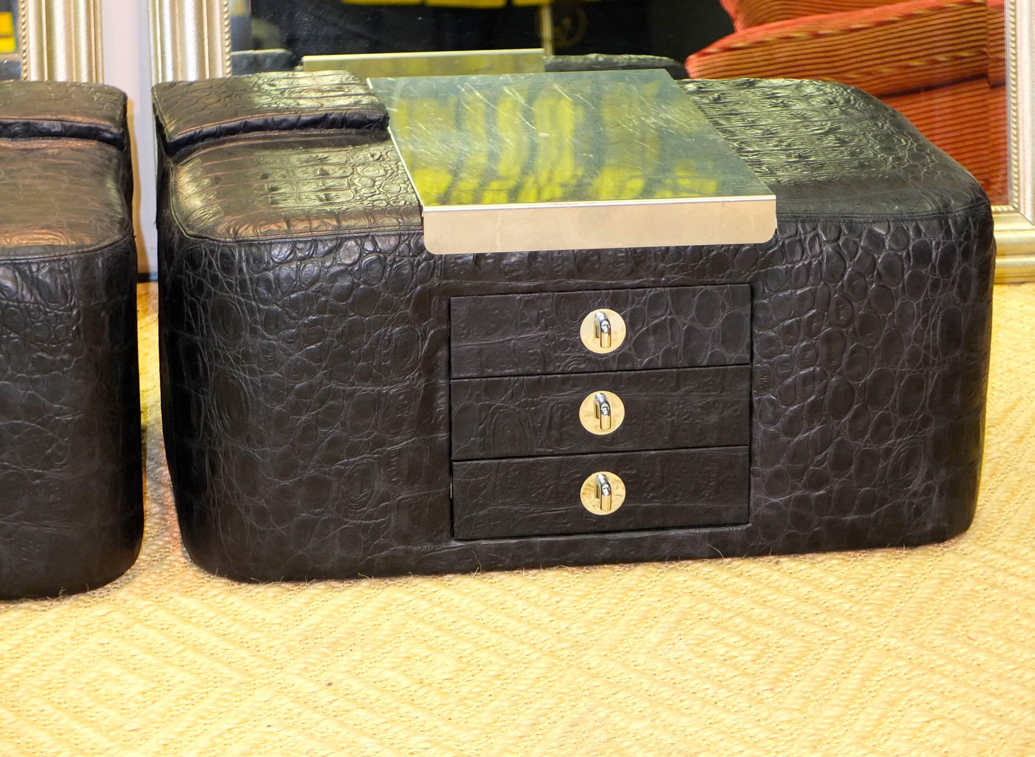 Pair of 1970s Leather & Stainless Steel Bedside Cabinets In Excellent Condition In Hanover, MA