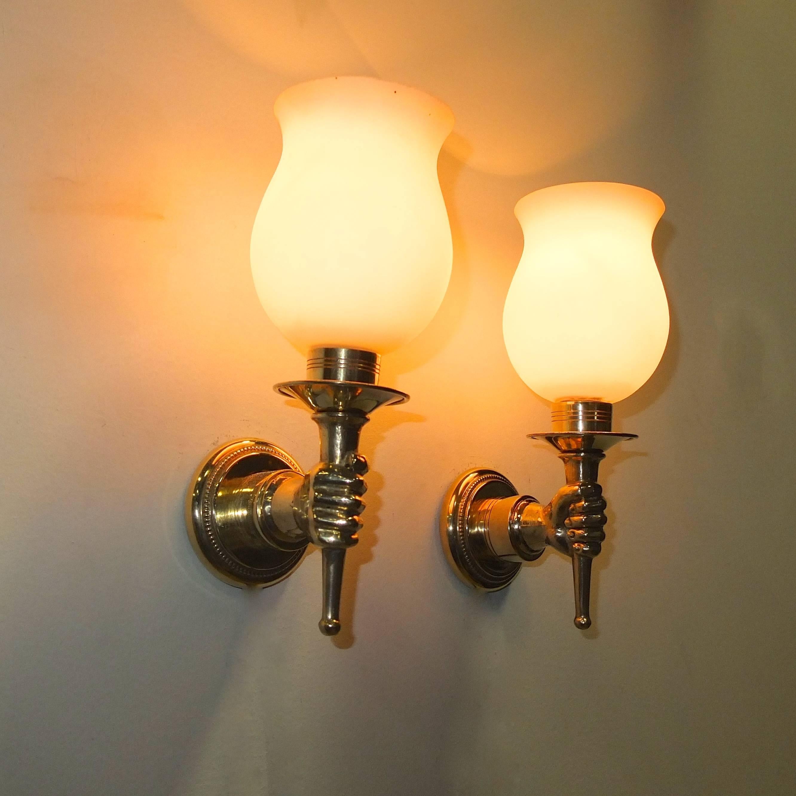 Pair of French 1950s Brass and Opaline Sconces after Andre Arbus 1