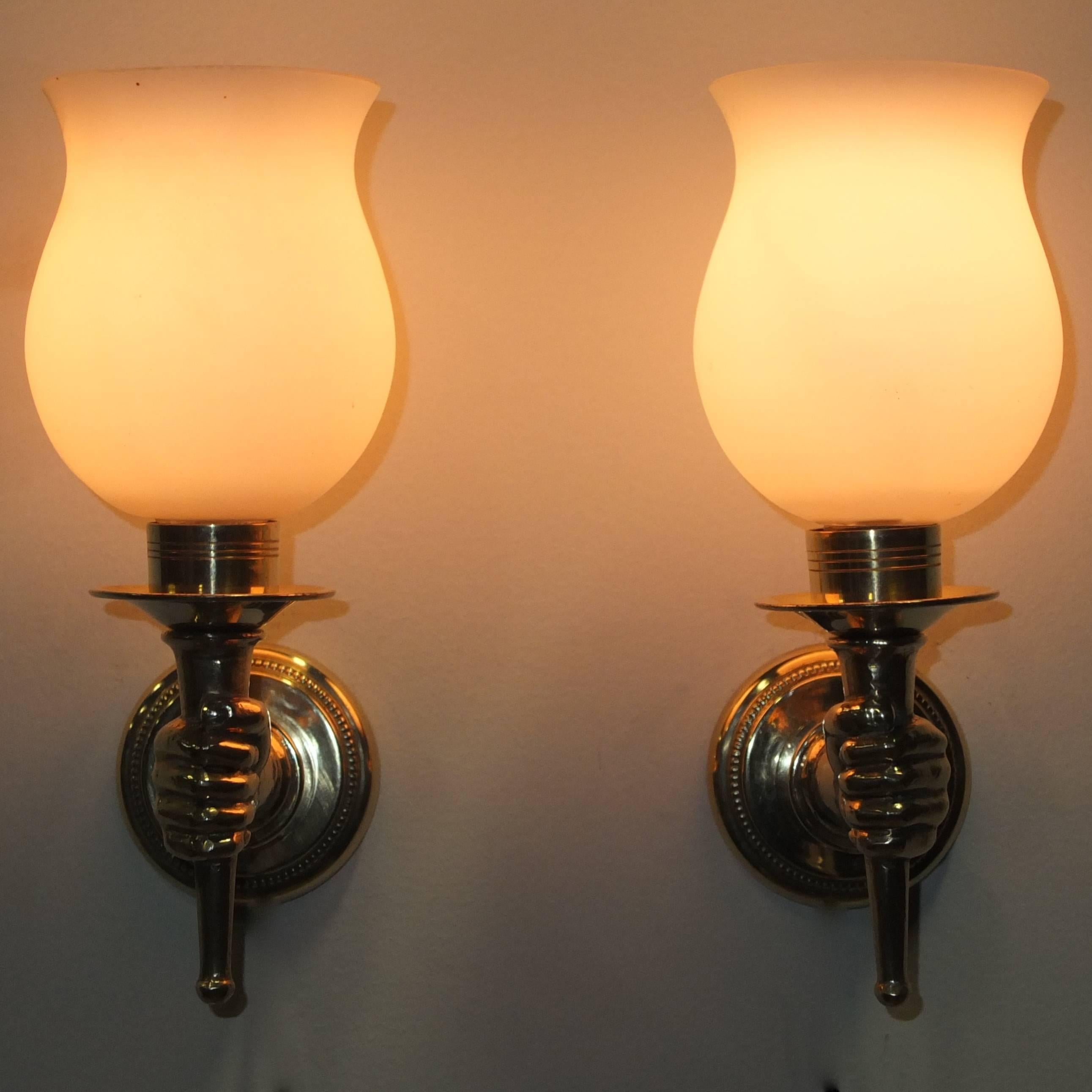 Pair of French 1950s Brass and Opaline Sconces after Andre Arbus 2