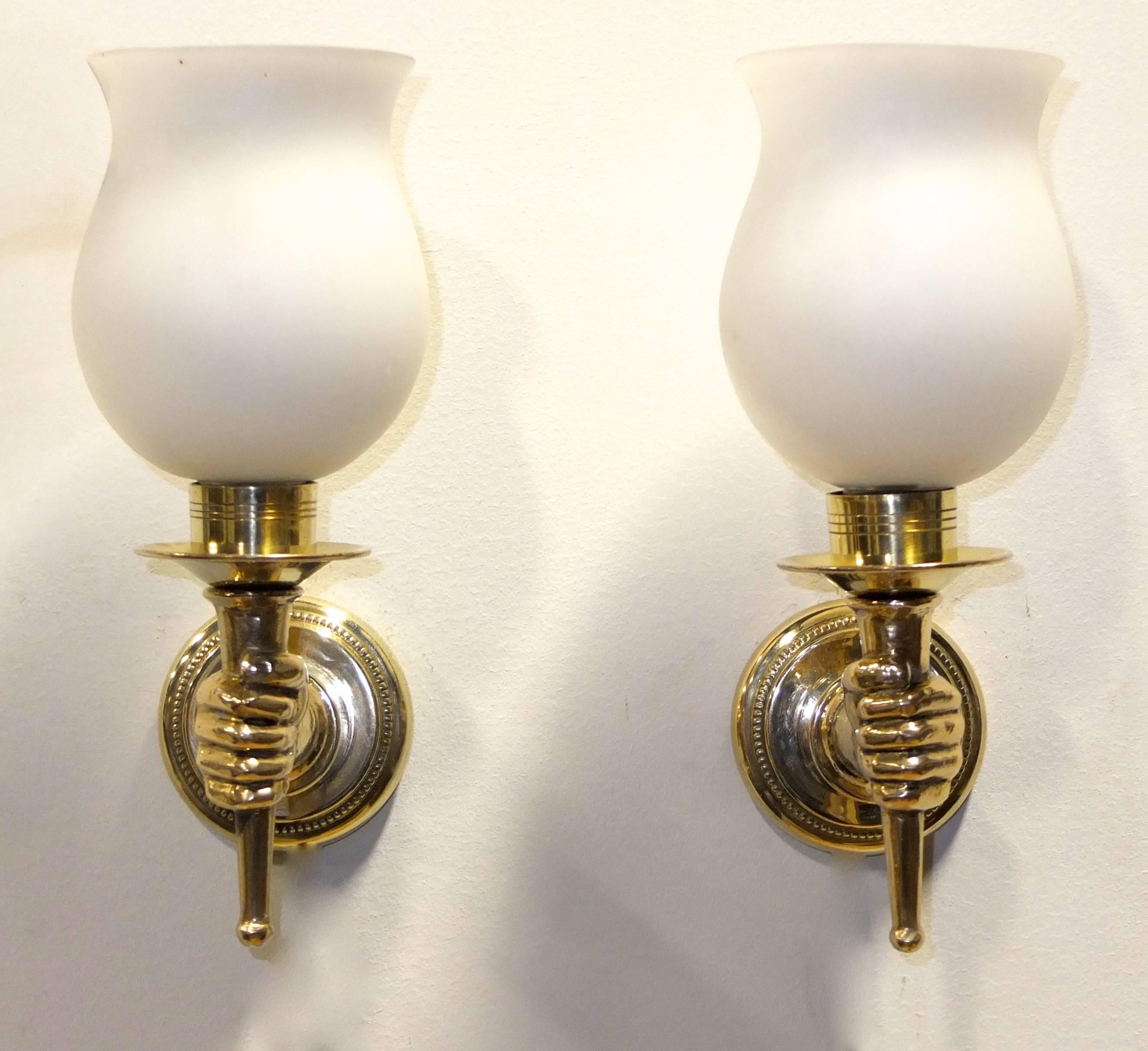 Mid-20th Century Pair of French 1950s Brass and Opaline Sconces after Andre Arbus