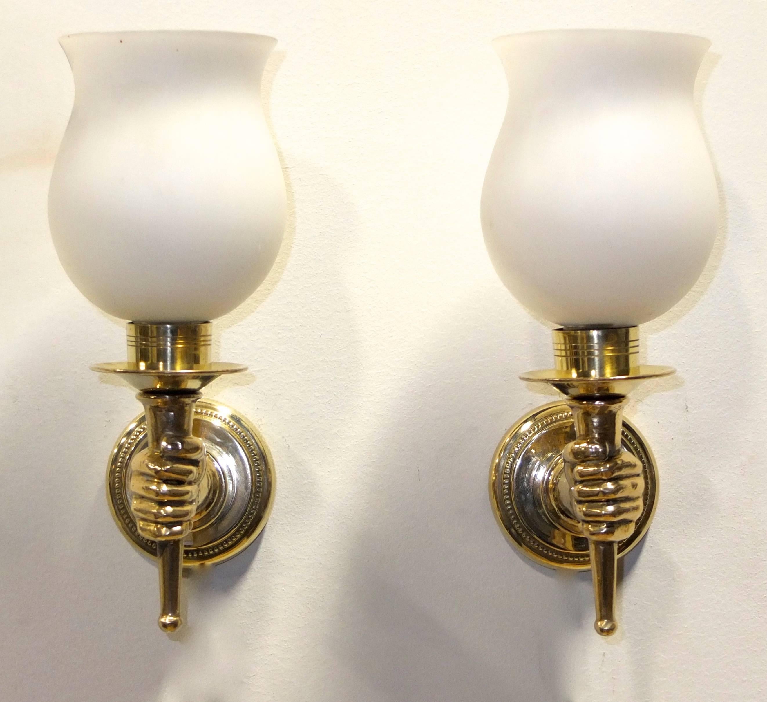 Pair of French 1950s Brass and Opaline Sconces after Andre Arbus 4