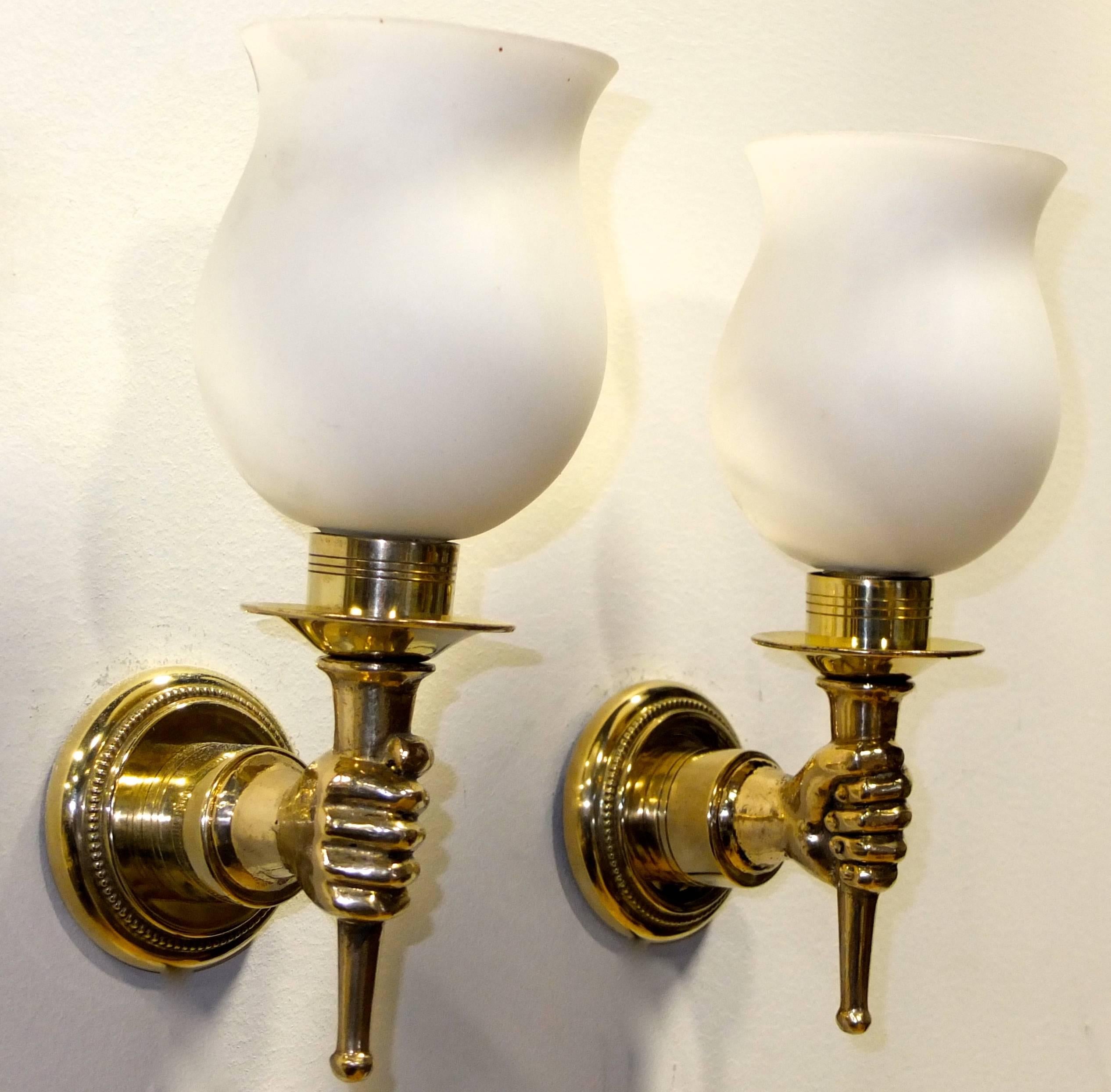 Mid-Century Modern Pair of French 1950s Brass and Opaline Sconces after Andre Arbus