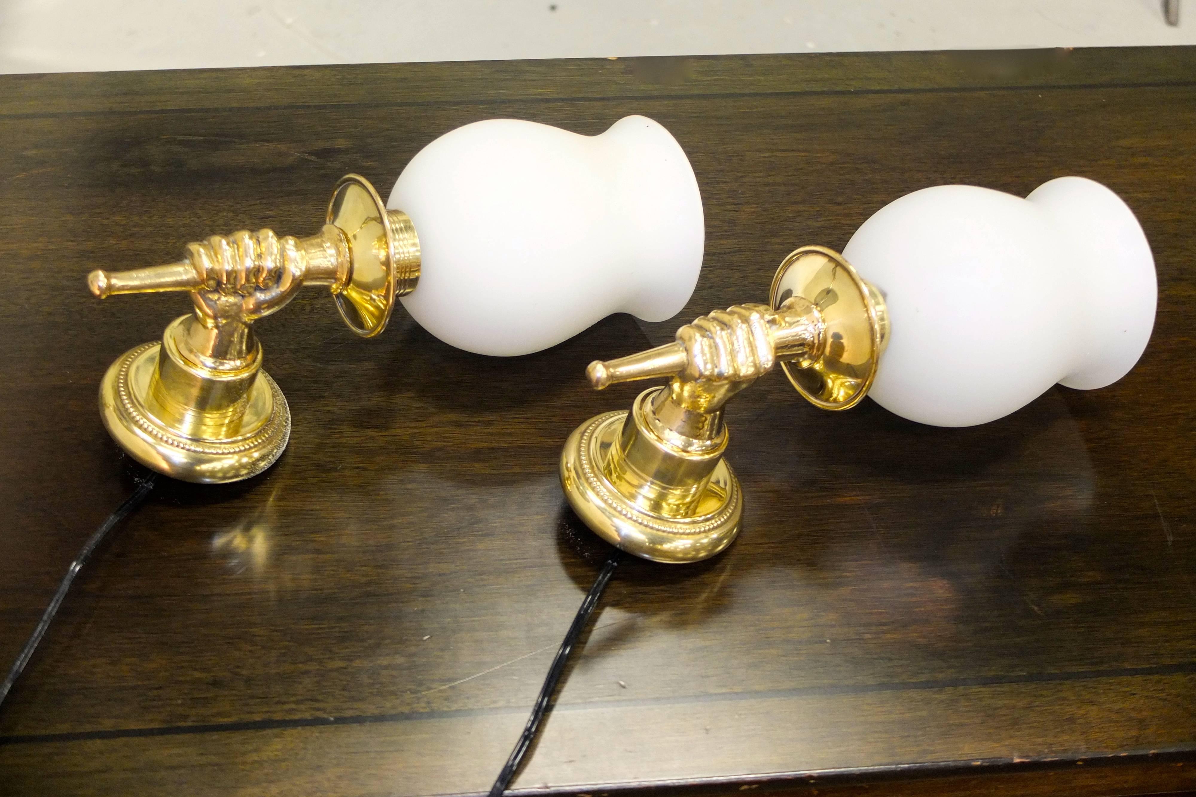 Pair of French 1950s Brass and Opaline Sconces after Andre Arbus 3