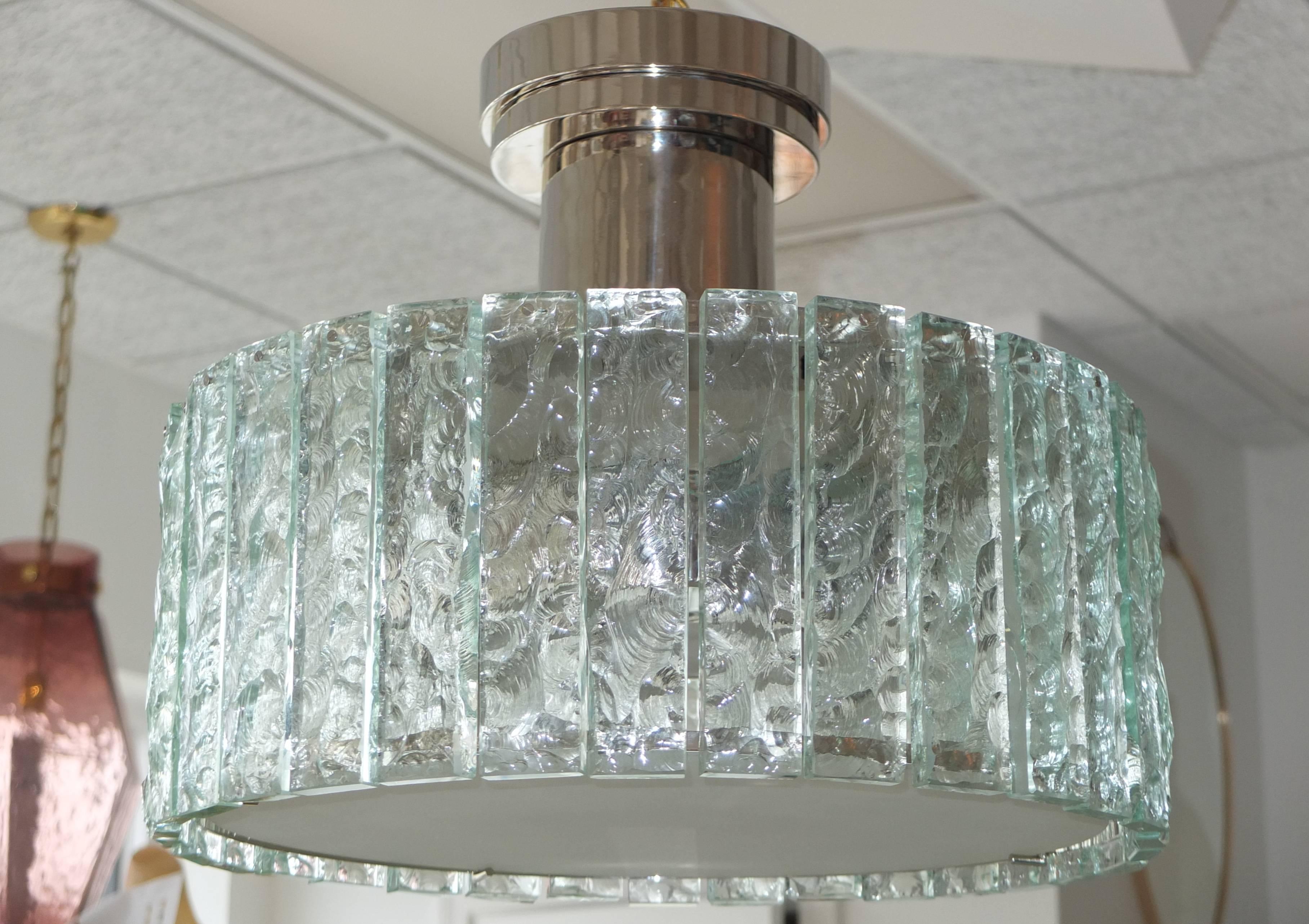 
Max Ingrand (1906-1969), suspension lamp model 2448 nickel-plated brass with chiseled crystal diffusers and opal glass screen. Produced by Fontana Arte, Italy circa later half of the 1950's. Includes a custom 7 inch diameter ceiling canopy nickel