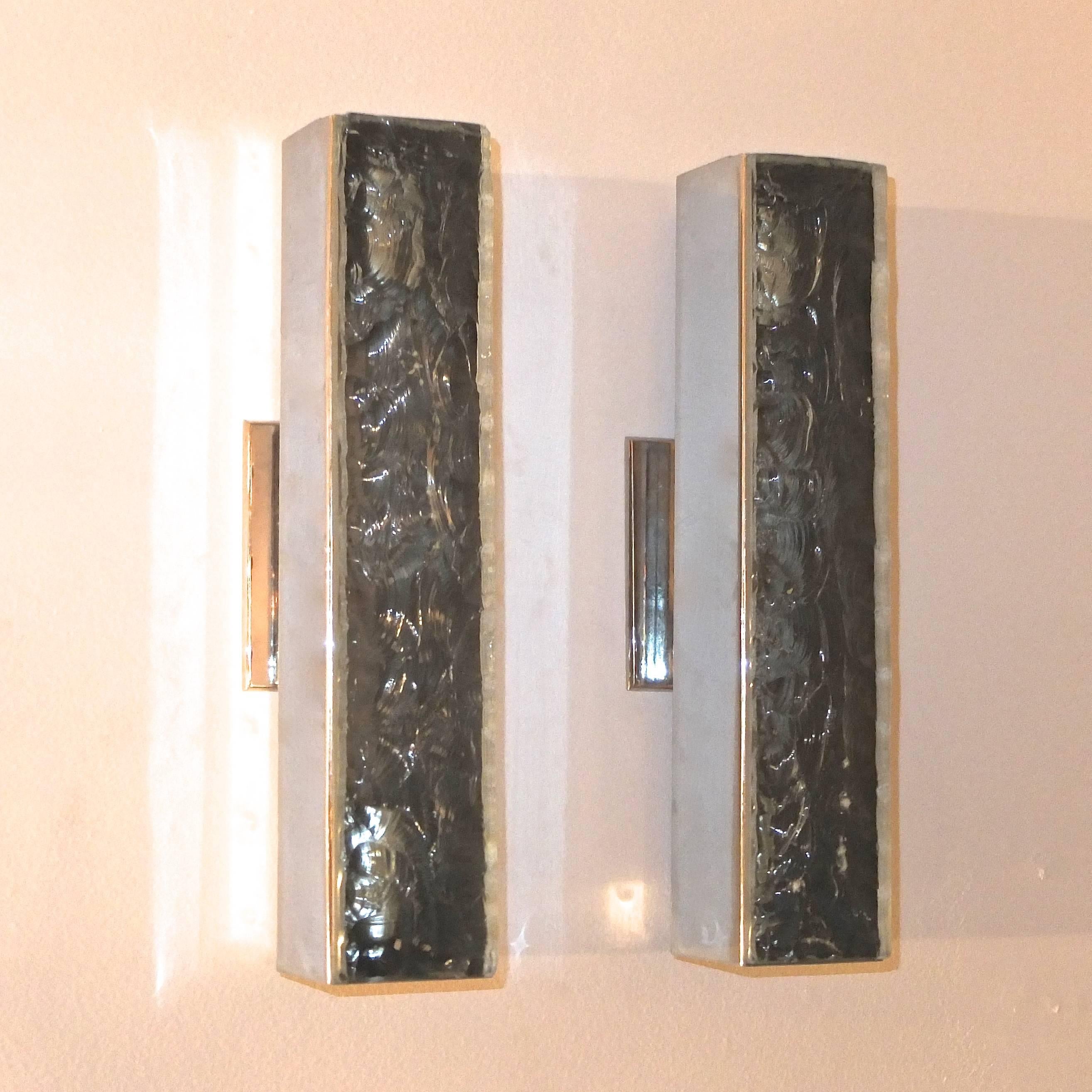 Italian Pair of Max Ingrand for Fontana Arte Chiseled Glass & Nickel Wall Sconces