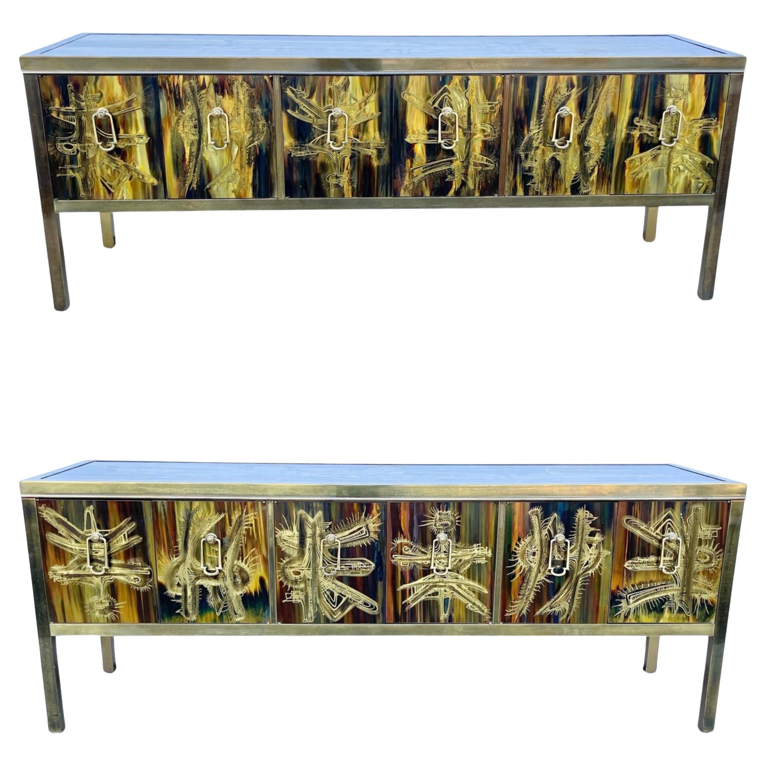 Pair Bernhard Rohne for Mastercraft Acid Etched Brass Sideboards, 1970s