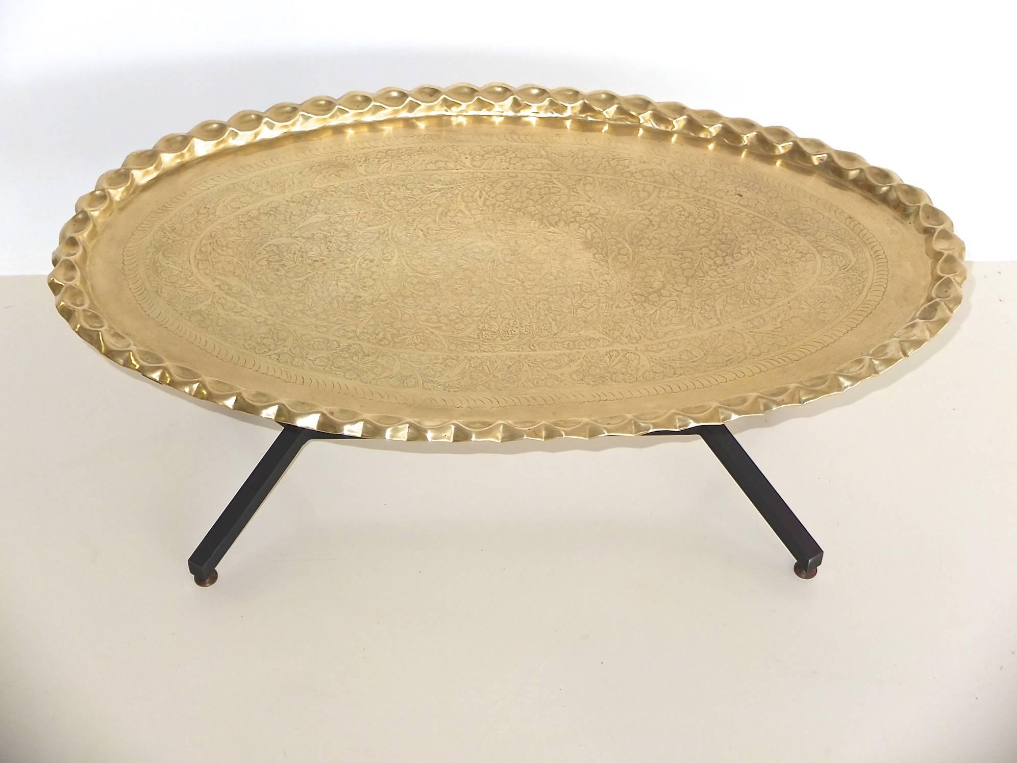Mid-20th Century 1960s Italian Coffee Table with Elliptical Brass Tray Top For Sale