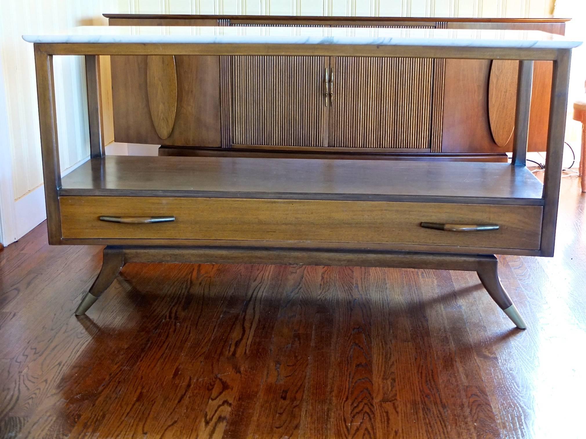 American 1950s Walnut Buffet with Marble Top by Adolfo genovese