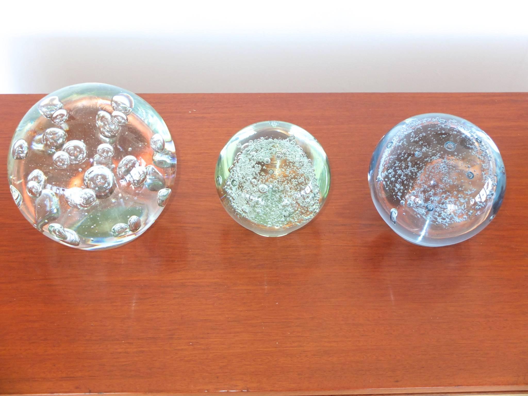 Mid-20th Century Vintage Glass Ball Paperweights with Controlled Bubble Inclusions