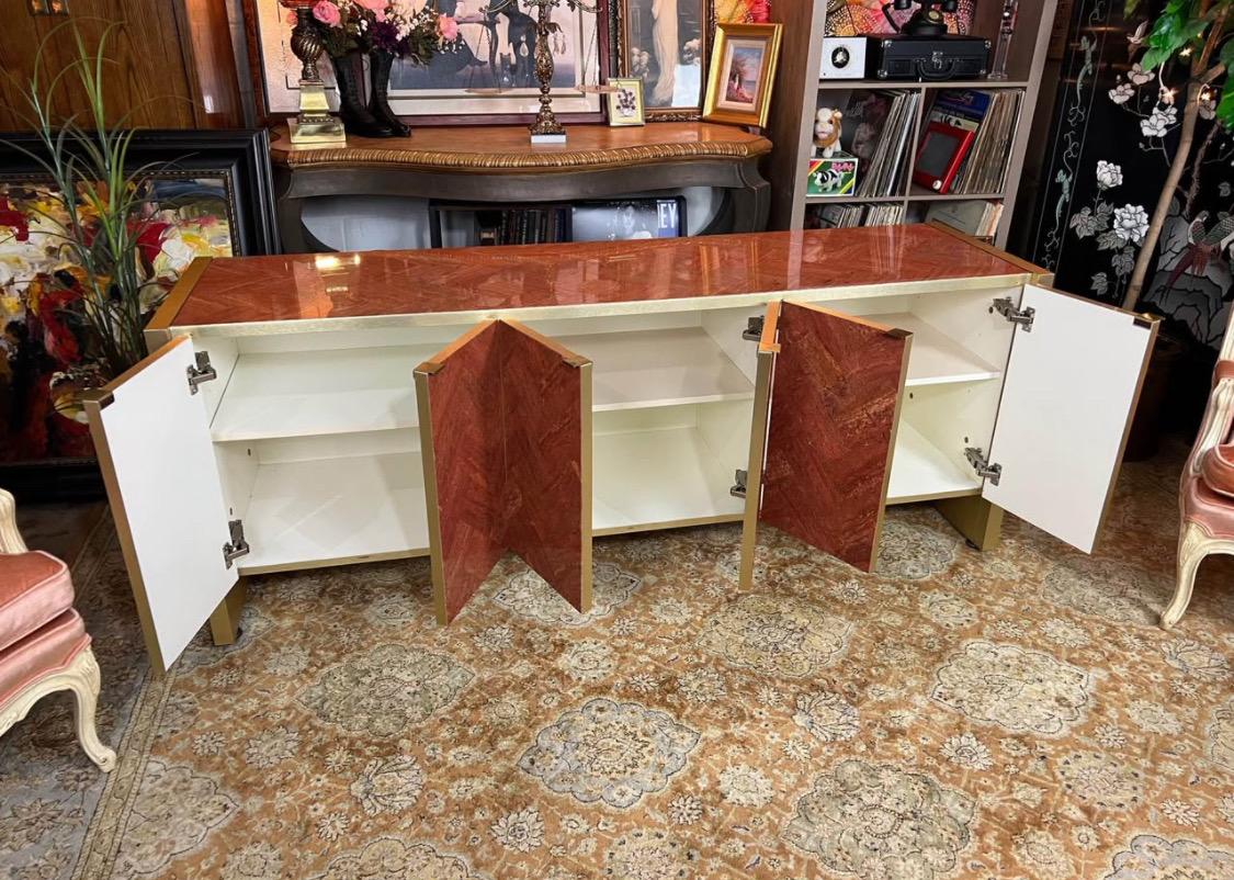 American Ello Persian Red Travertine and Brass Sideboard For Sale
