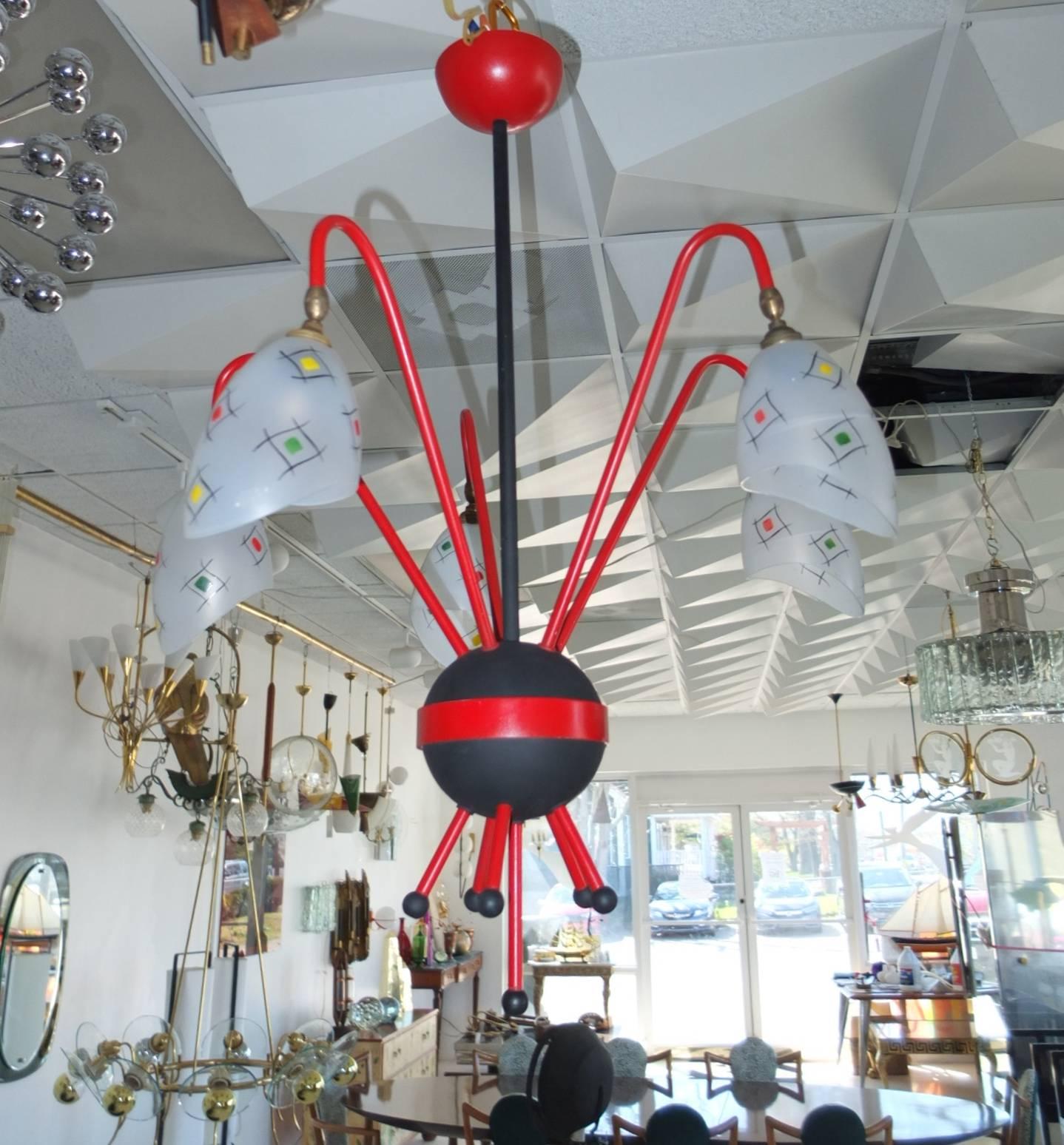 Enameled French 1950s Googie Atomic Chandelier For Sale
