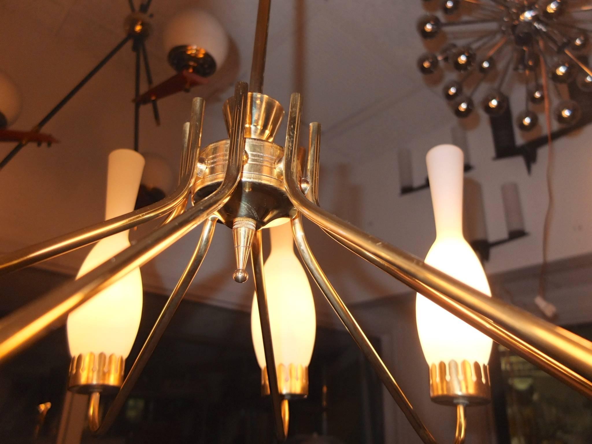 Mid-20th Century 1950s Arredoluce Style Chandelier with Opaline Bottle Shaped Globes For Sale