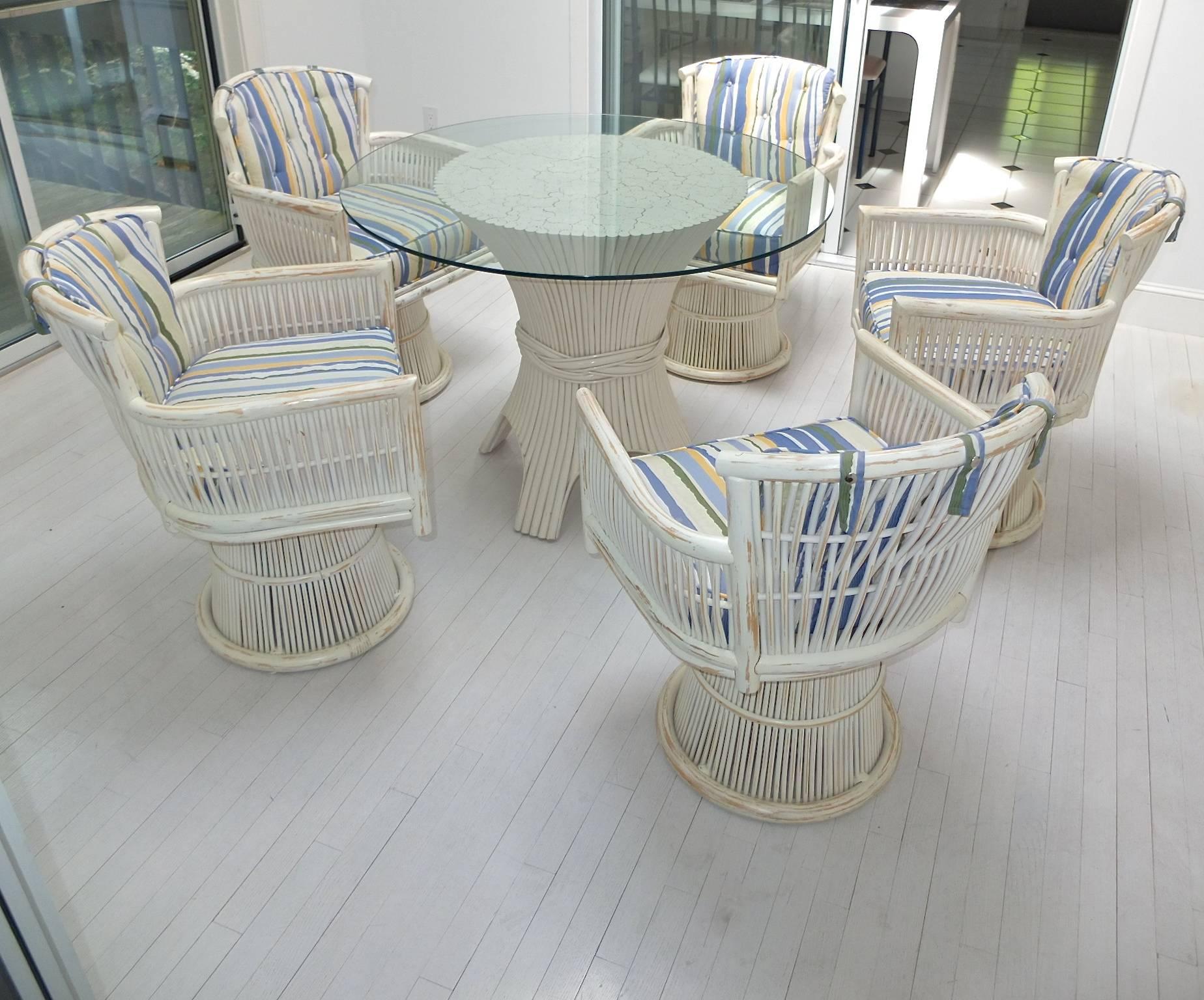 American Ficks Reed Bamboo Sheaf Dining Table and Five Swivel Chairs For Sale