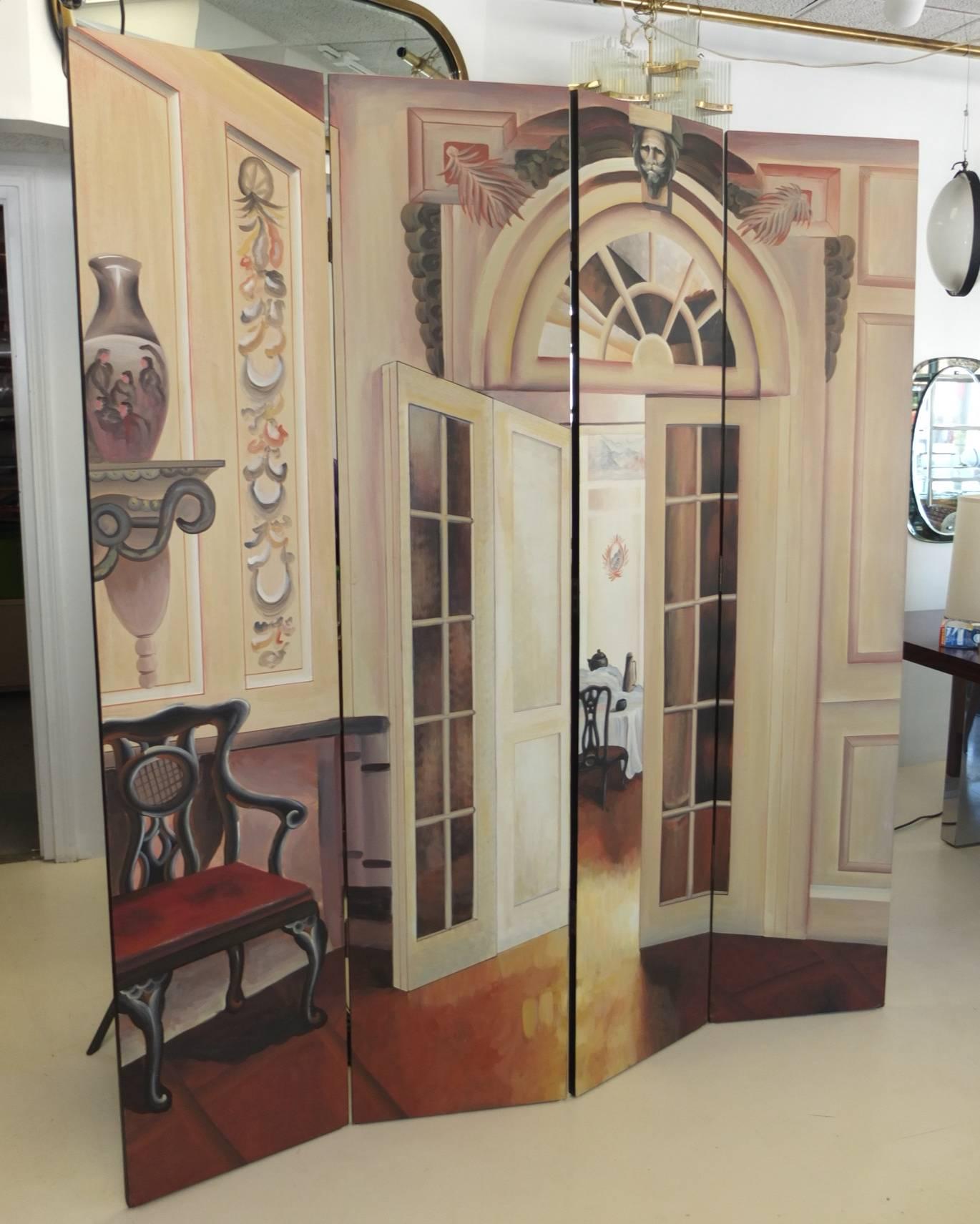 Trompe-l'oeil Four-Panel Folding Screen In Excellent Condition In Hanover, MA