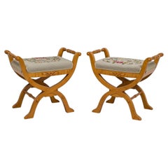 Pair Arbus Style Cerule Stool's Needlepoint Tapestry
