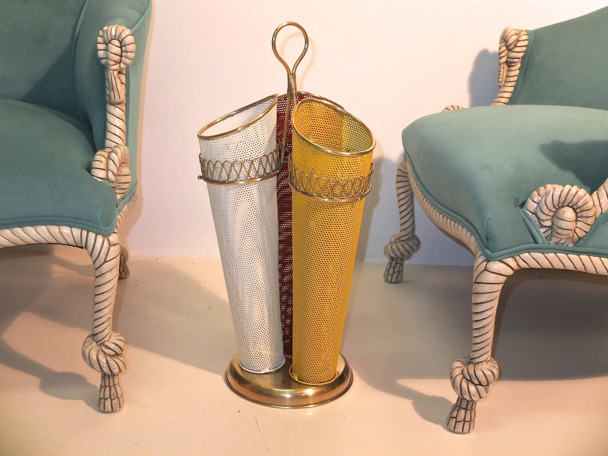 Brass 1950s Italian Tri-Color Perforated Metal Umbrella Stand