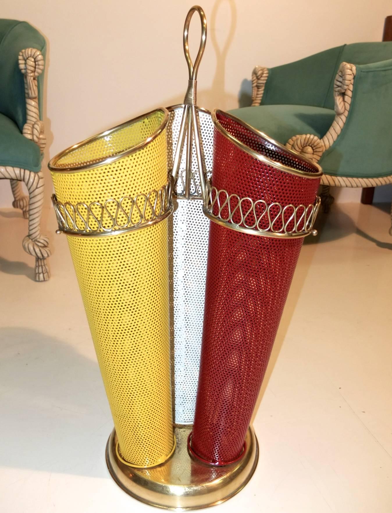 1950s Italian Tri-Color Perforated Metal Umbrella Stand 2