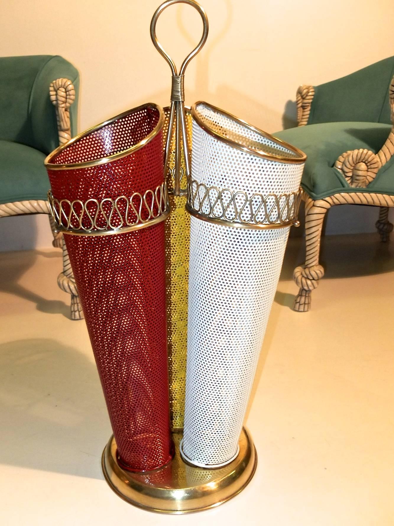Lacquered 1950s Italian Tri-Color Perforated Metal Umbrella Stand