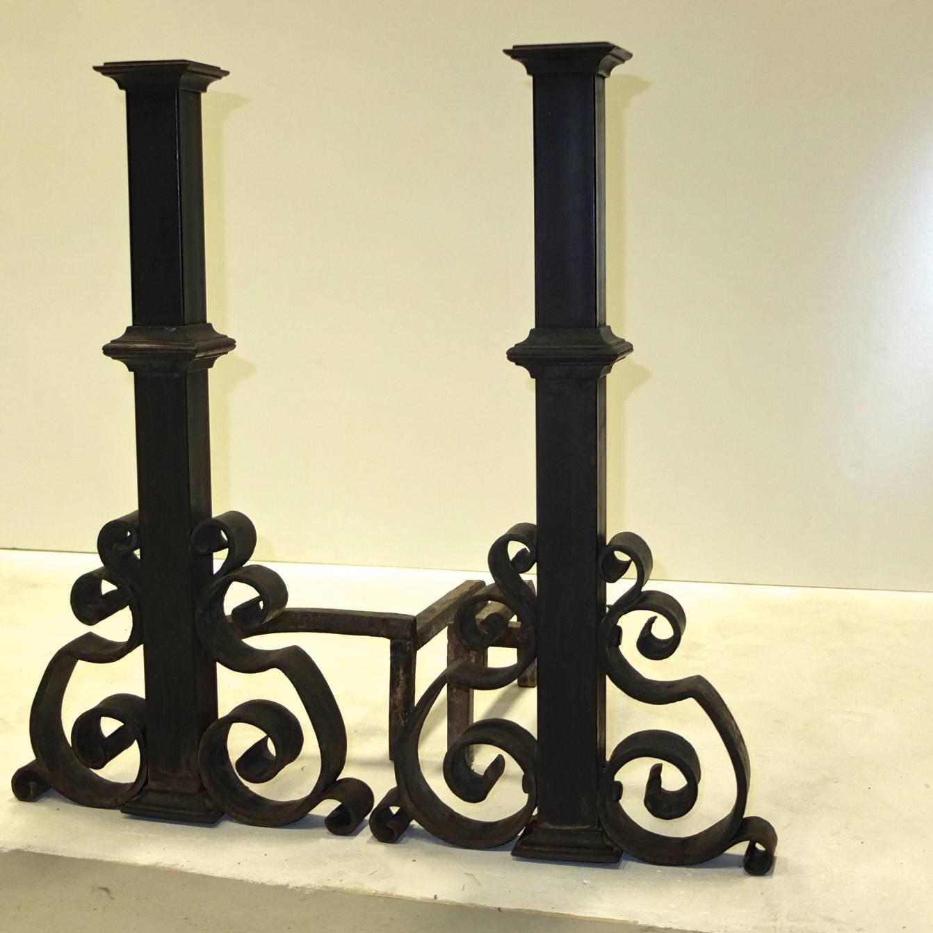 20th Century Antique Pair of Cast and Wrought Iron Andirons