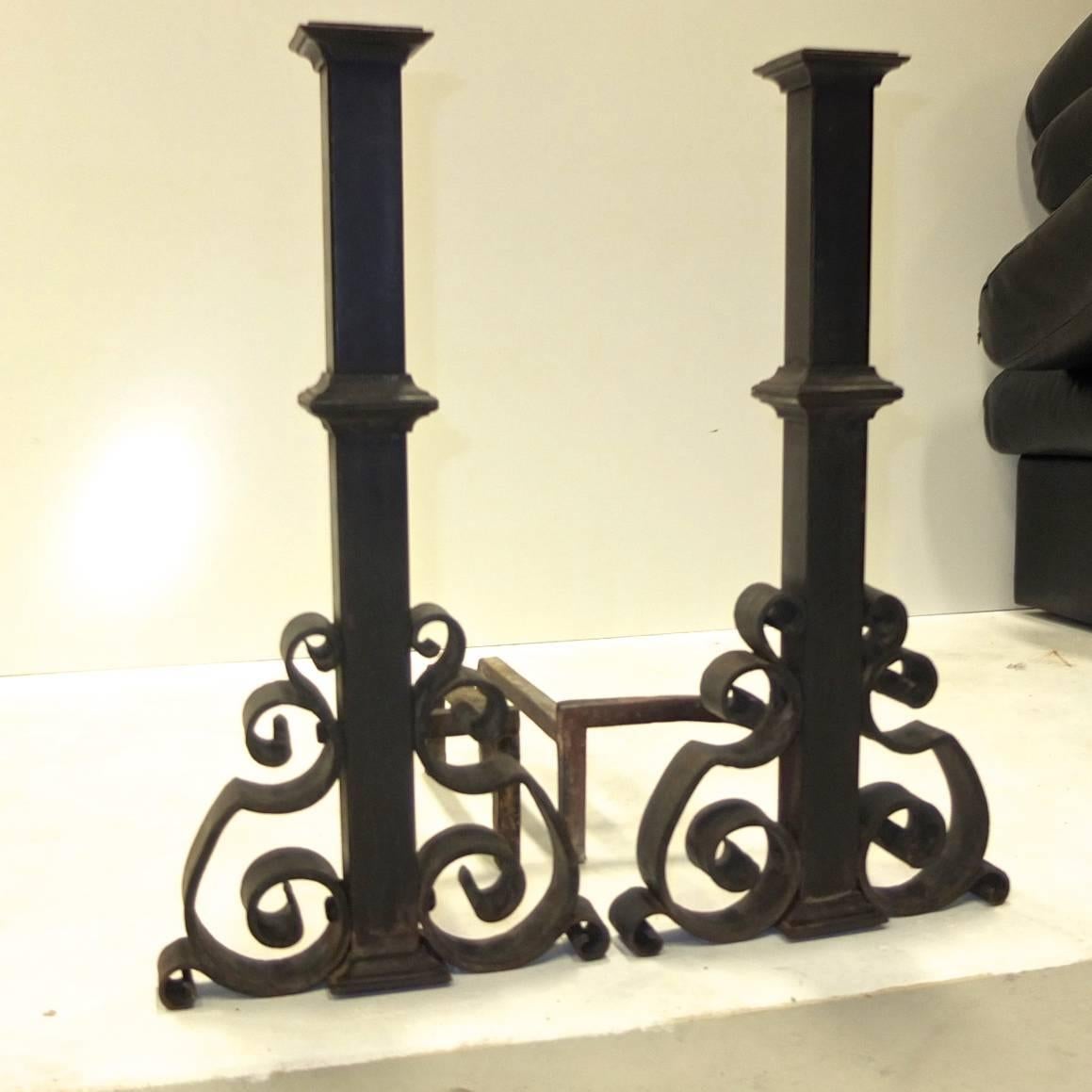 Antique Pair of Cast and Wrought Iron Andirons 1
