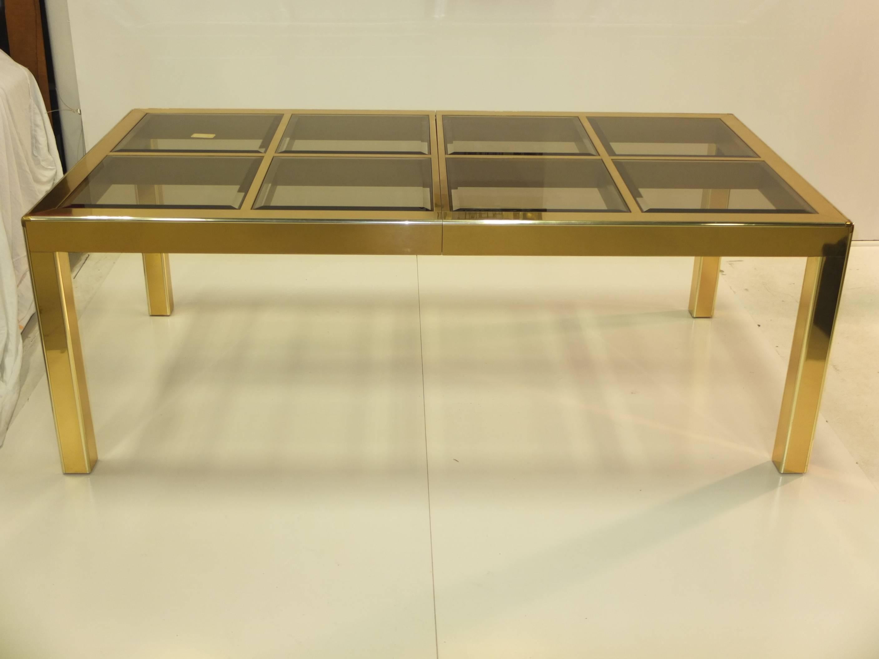 American Mastercraft Brass and Smoked Beveled Glass Extendable Dining Table
