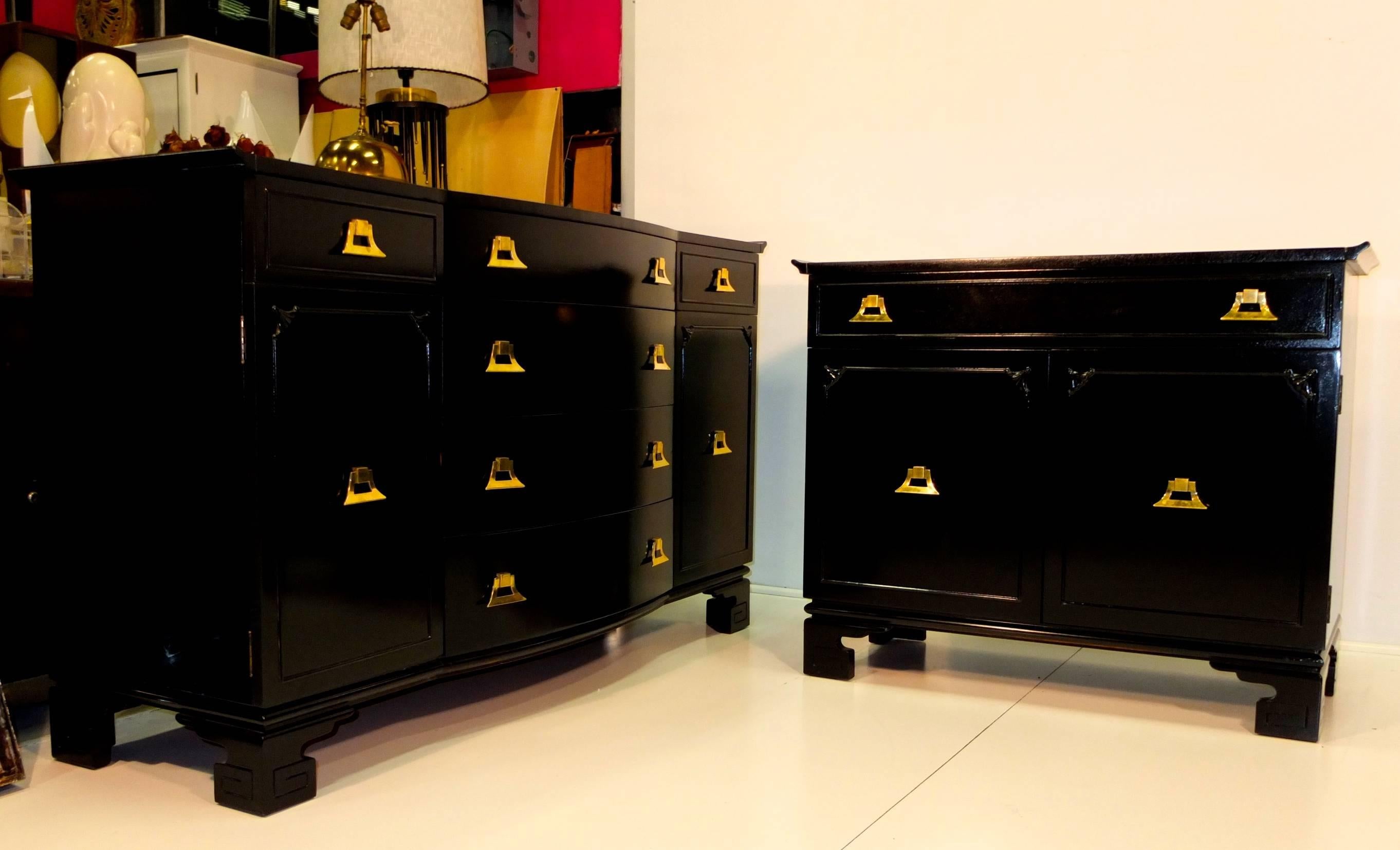 Mid-20th Century James Mont Style Black Lacquer with Brass Pagoda Form Sideboard For Sale