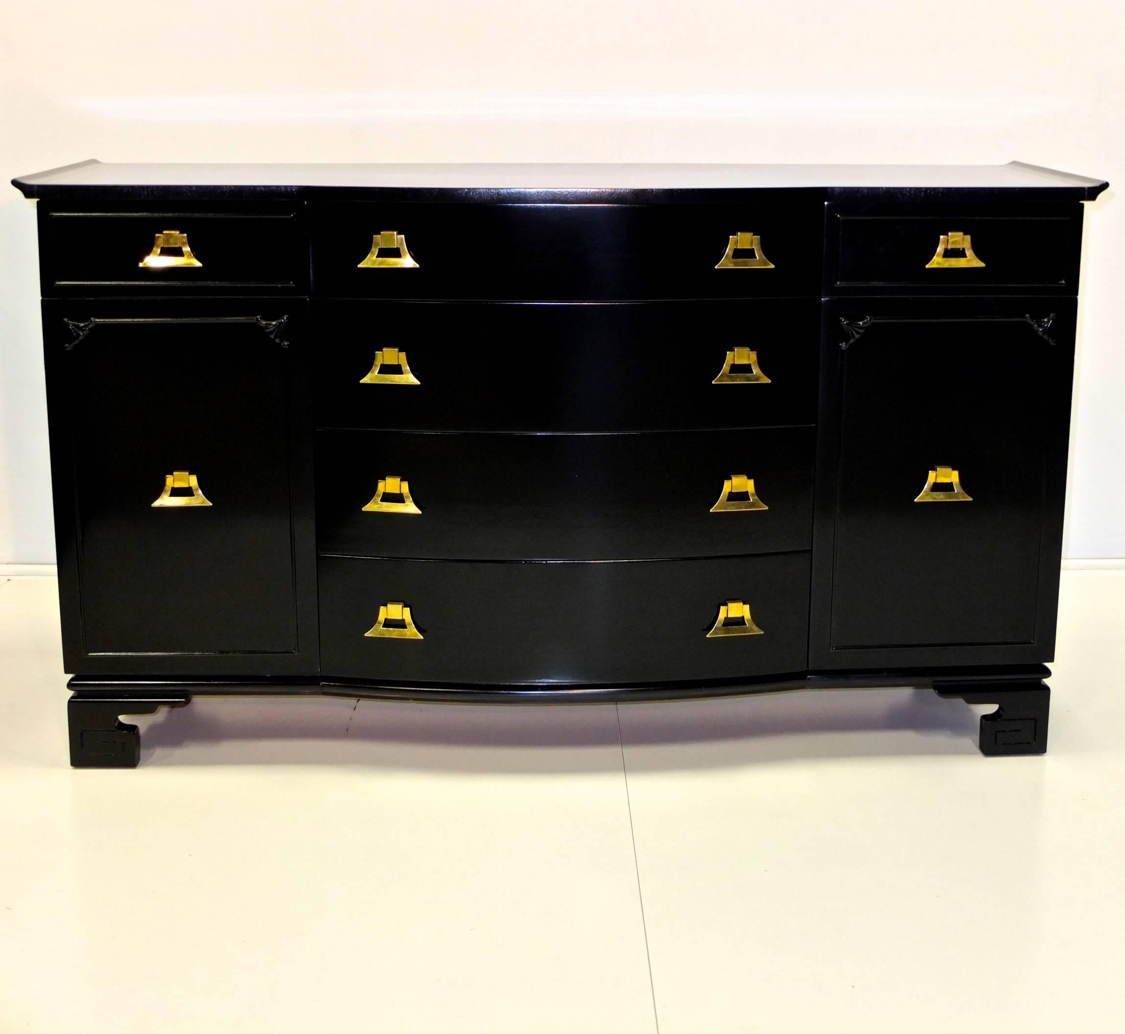 Ash James Mont Style Black Lacquer with Brass Pagoda Form Sideboard For Sale