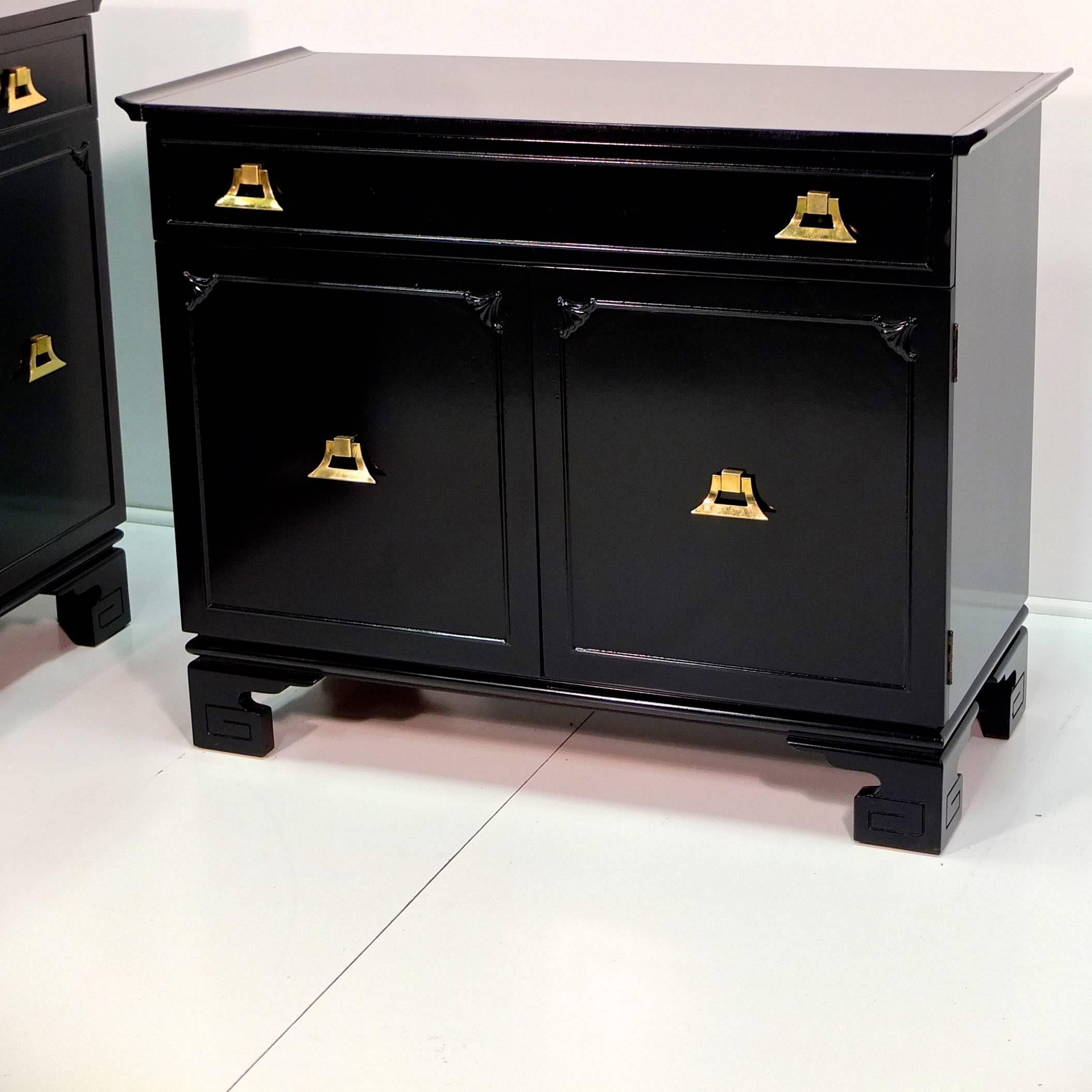 American Pagoda Form Black Lacquer with Brass Cabinet in the Style of James Mont