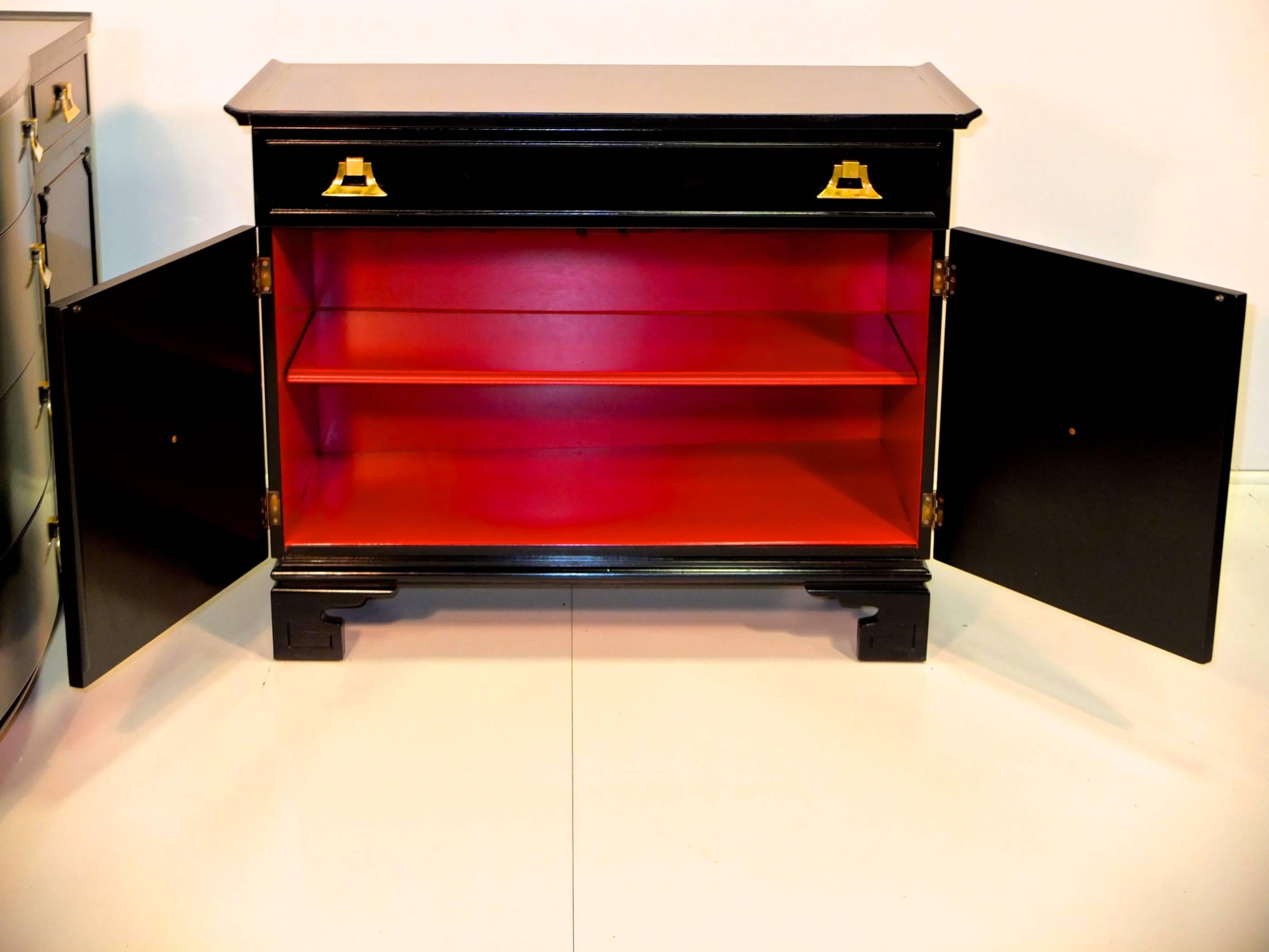 Mid-Century Modern Pagoda Form Black Lacquer with Brass Cabinet in the Style of James Mont