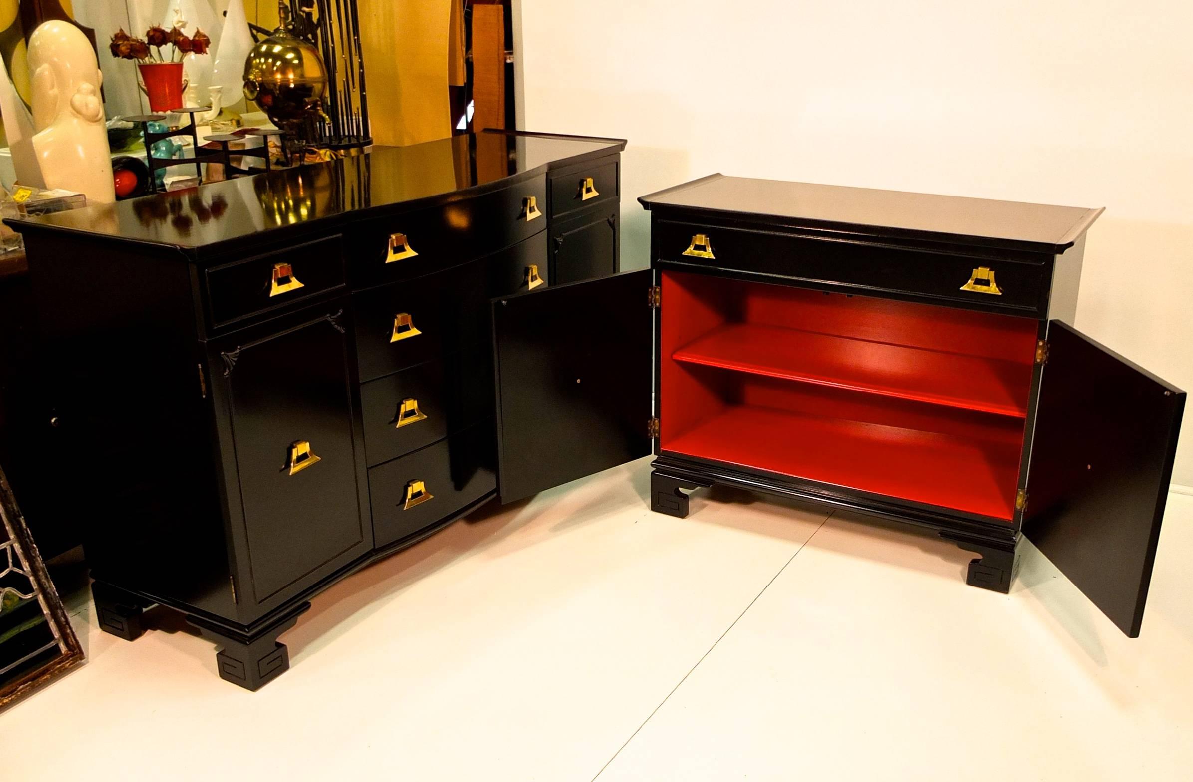 Pagoda Form Black Lacquer with Brass Cabinet in the Style of James Mont In Excellent Condition In Hanover, MA