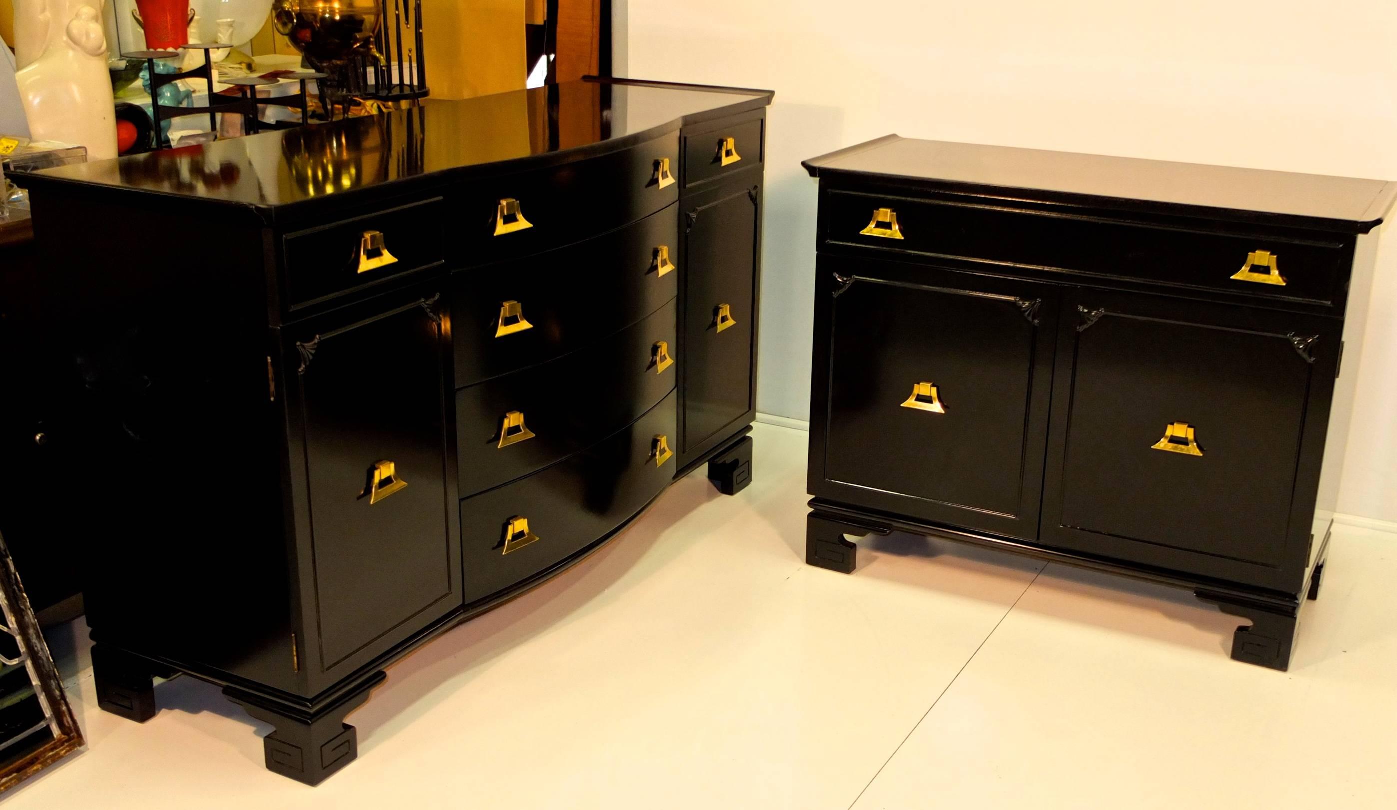 Mid-20th Century Pagoda Form Black Lacquer with Brass Cabinet in the Style of James Mont