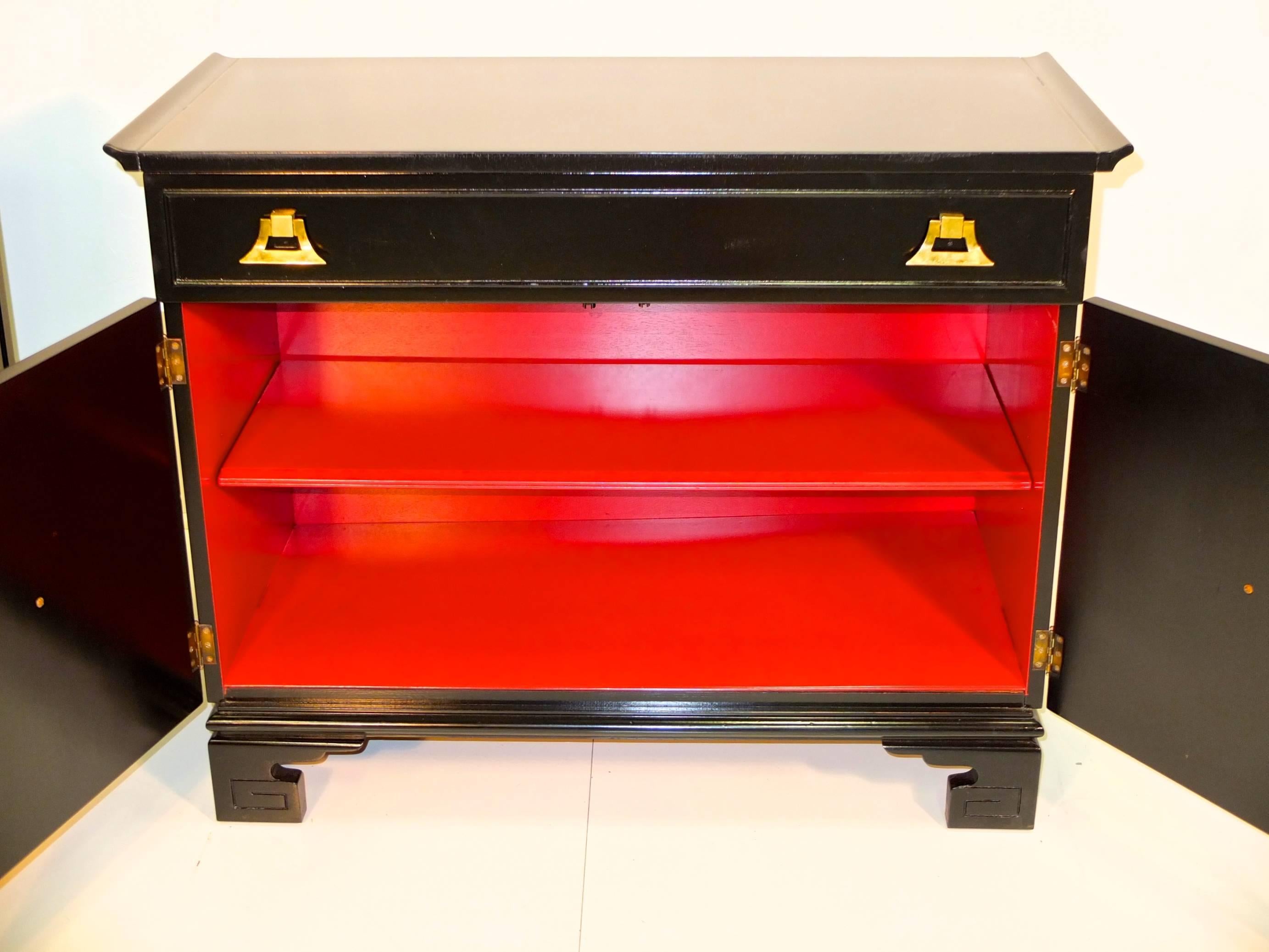 Pagoda Form Black Lacquer with Brass Cabinet in the Style of James Mont 1