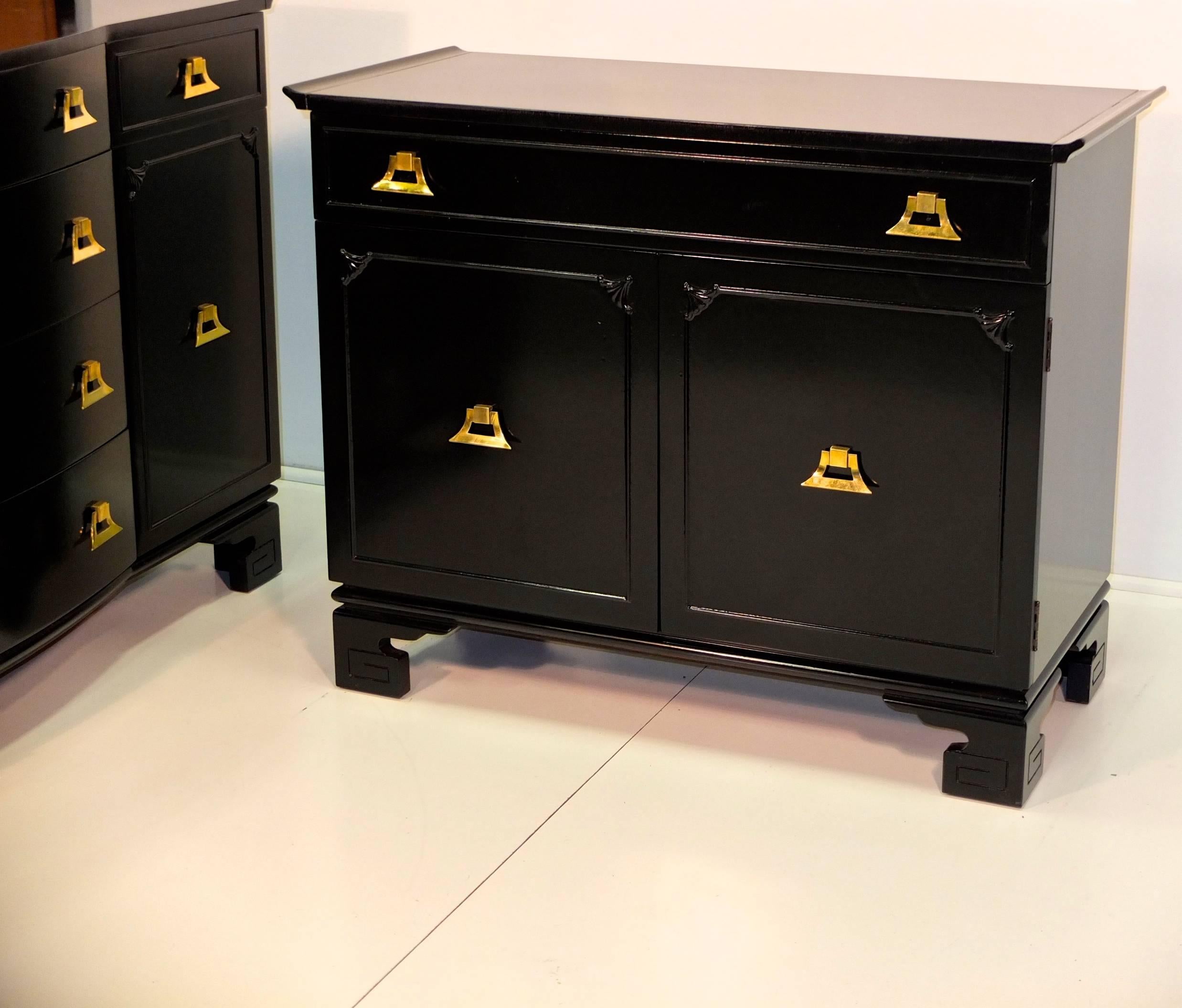 Pagoda Form Black Lacquer with Brass Cabinet in the Style of James Mont 2