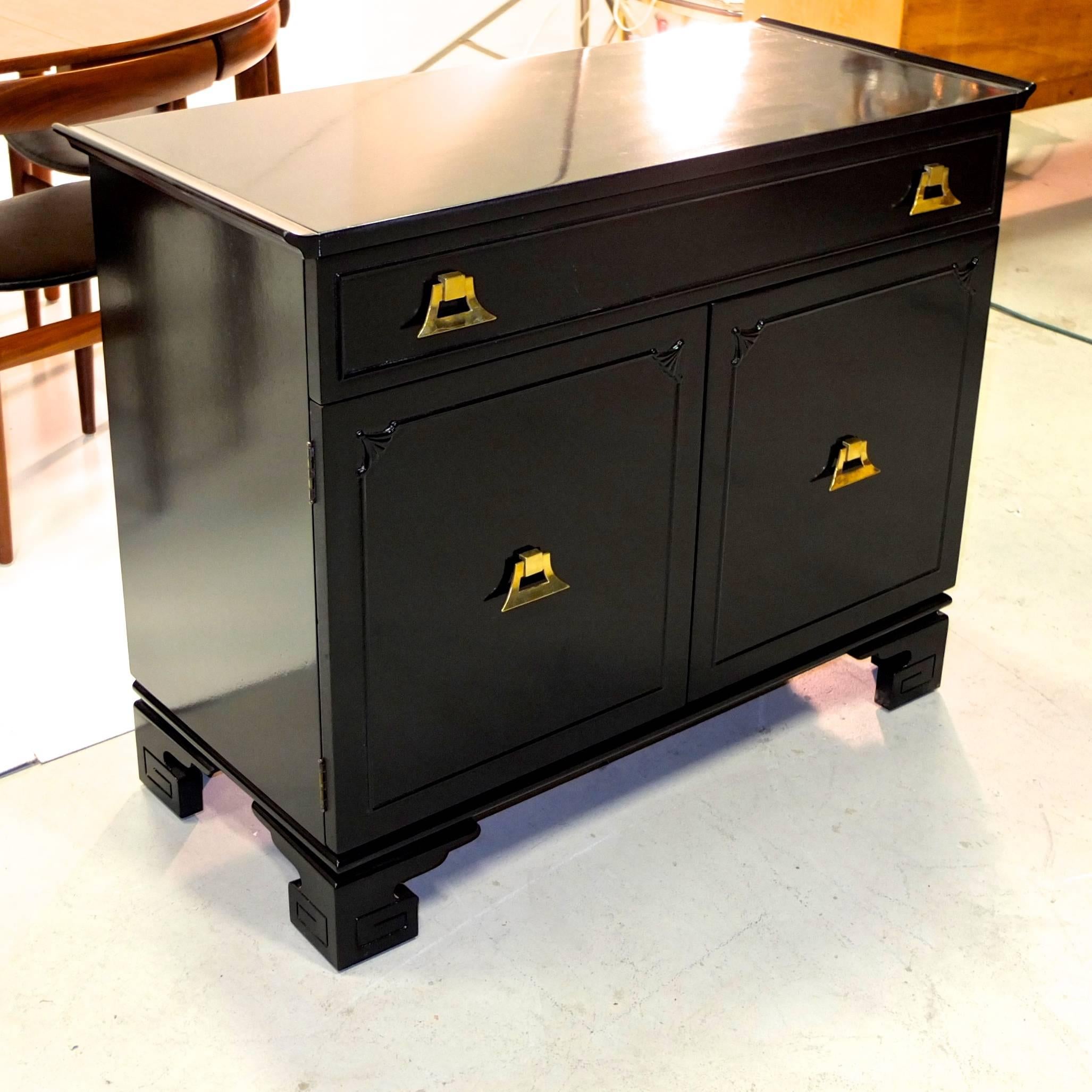Pagoda Form Black Lacquer with Brass Cabinet in the Style of James Mont 3