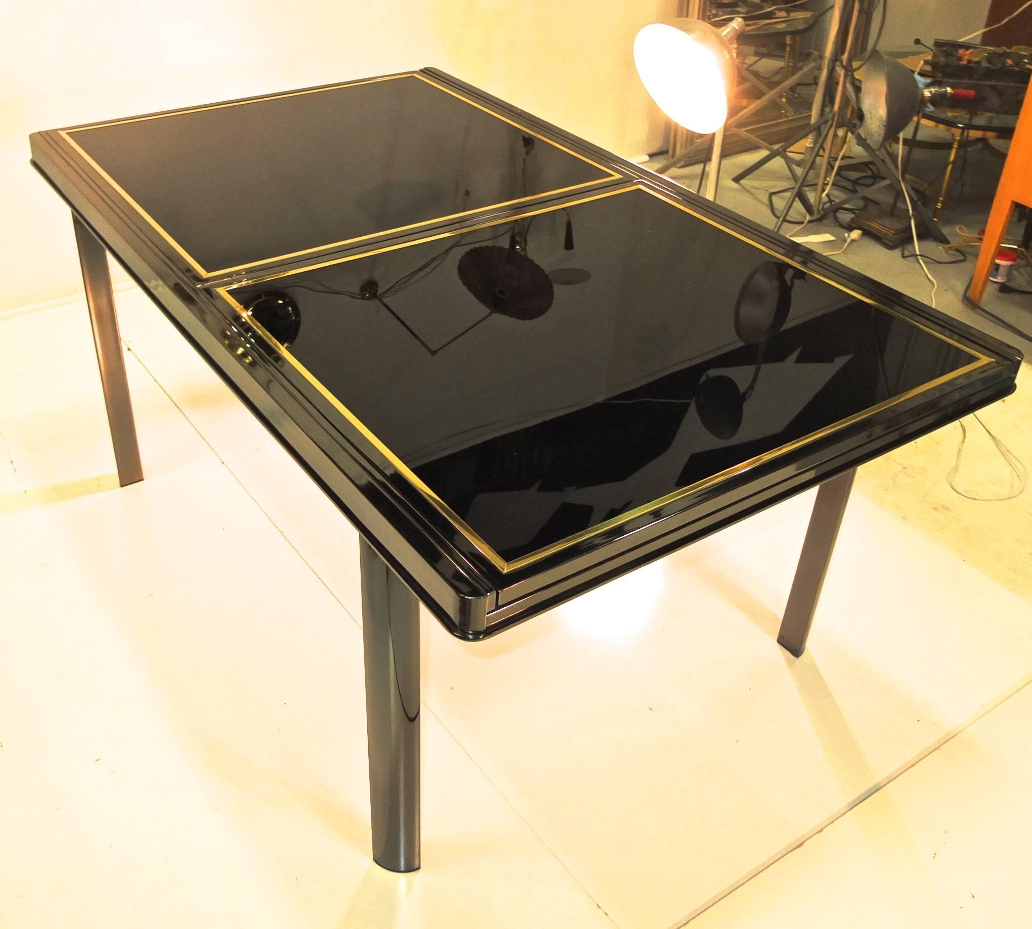 Extending Dining Table Smoked Chrome, Black Glass, Brass Trim In Fair Condition In Hanover, MA