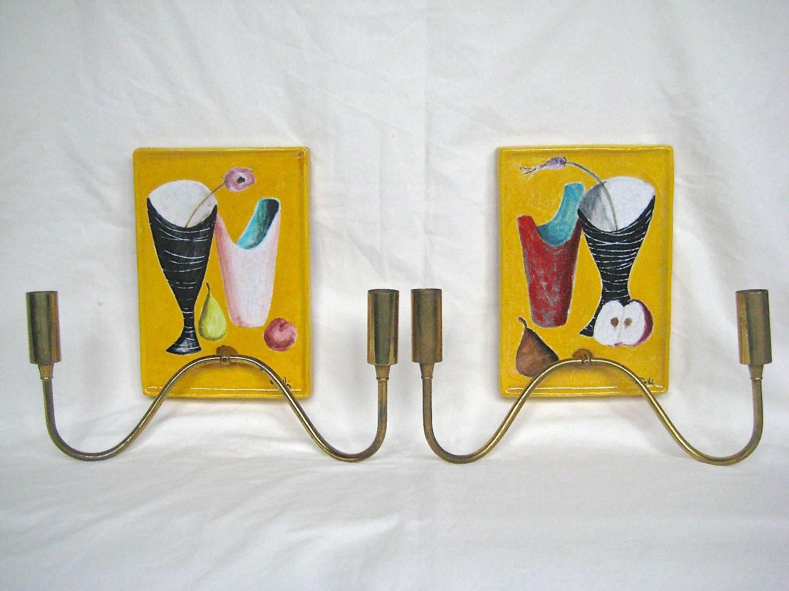 Mid-20th Century Mid-Century Italian Painted Ceramic Tile and Brass Sconces